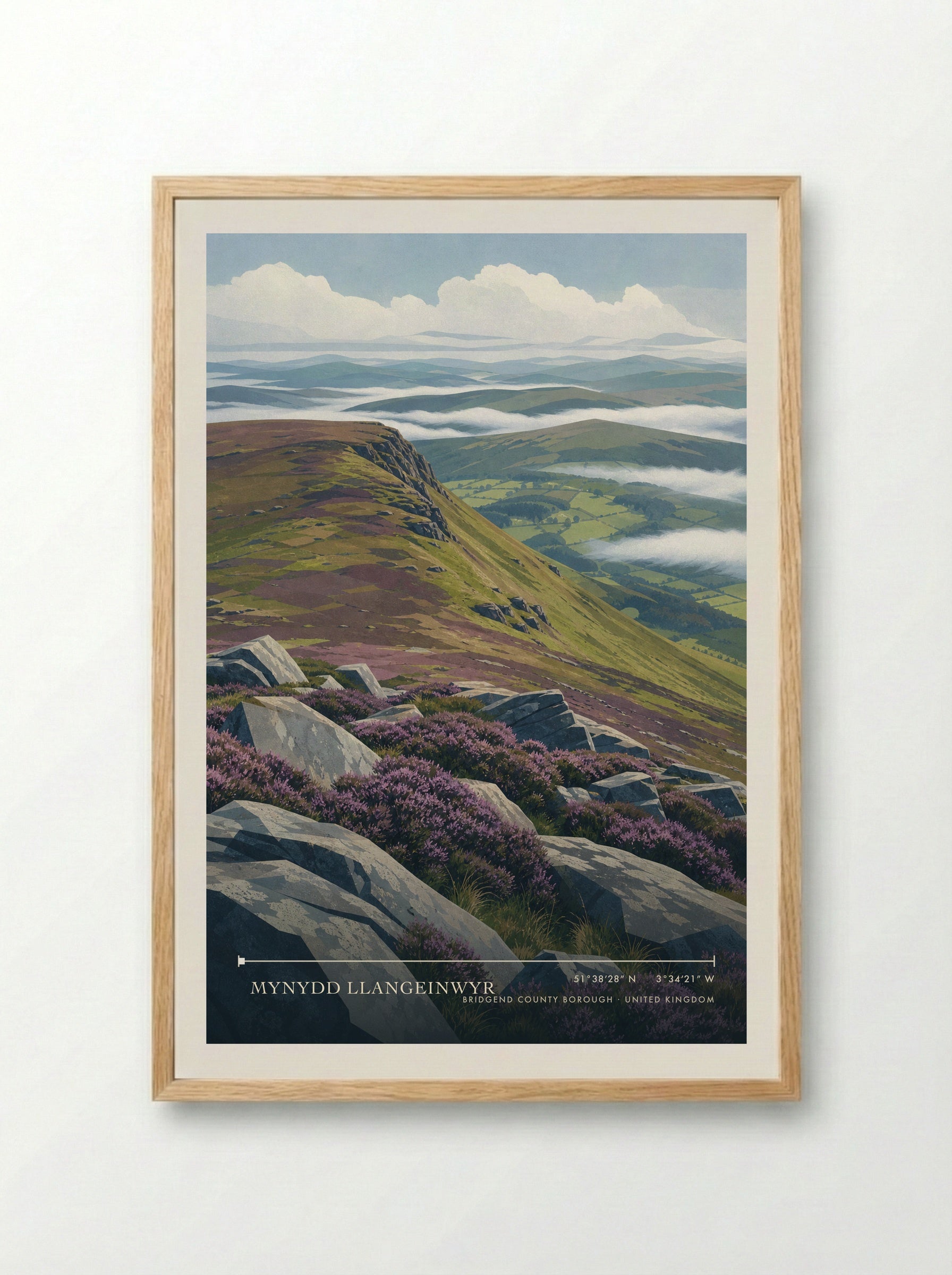 Mynydd Llangeinwyr Bridgend county borough United Kingdom Travel Poster - Framed Print Wood