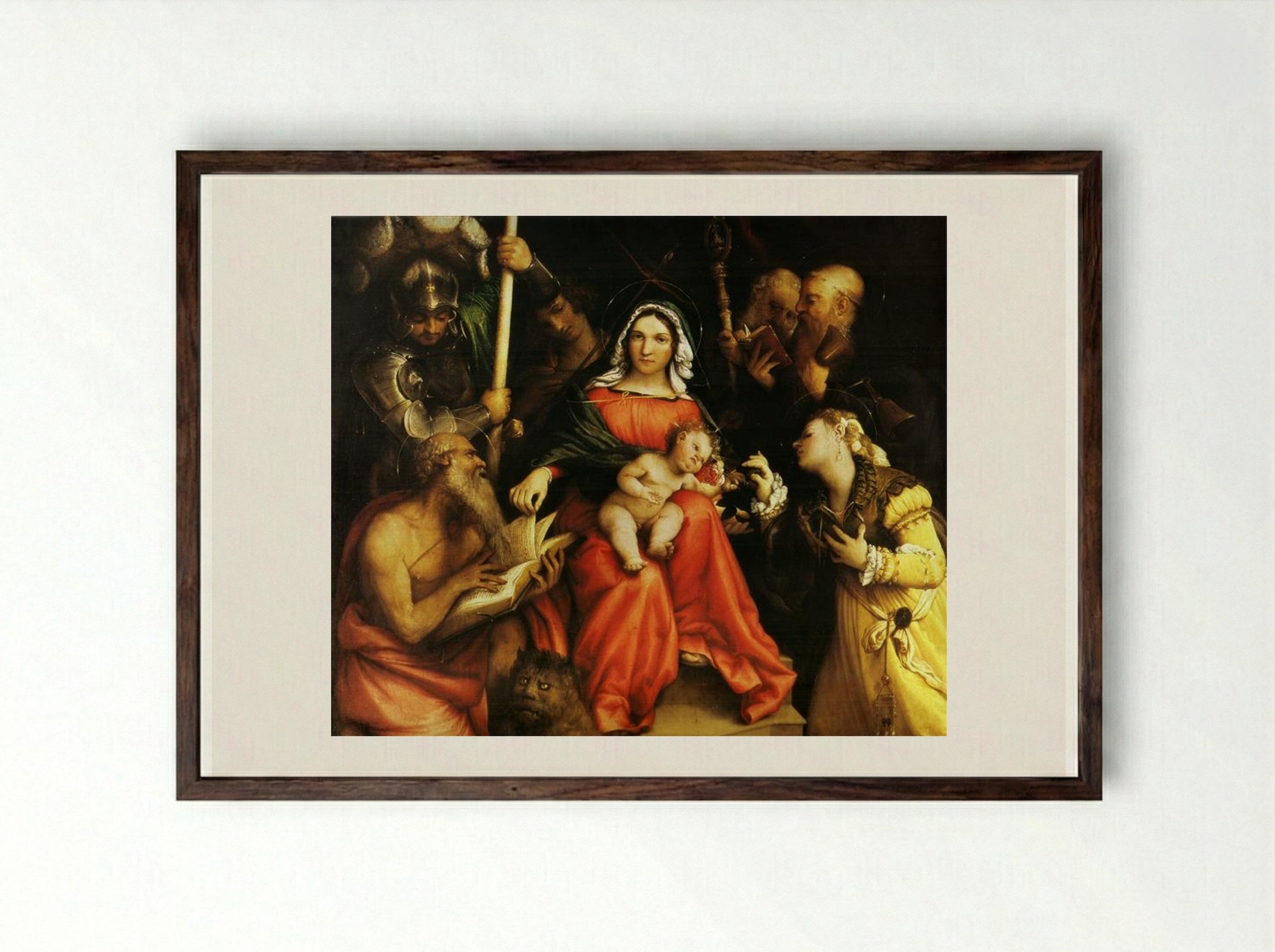Mystic Marriage of Saint Catherine of Alexandria and Saint Catherine of Siena - Lorenzo Lotto - Framed Print Dark Wood