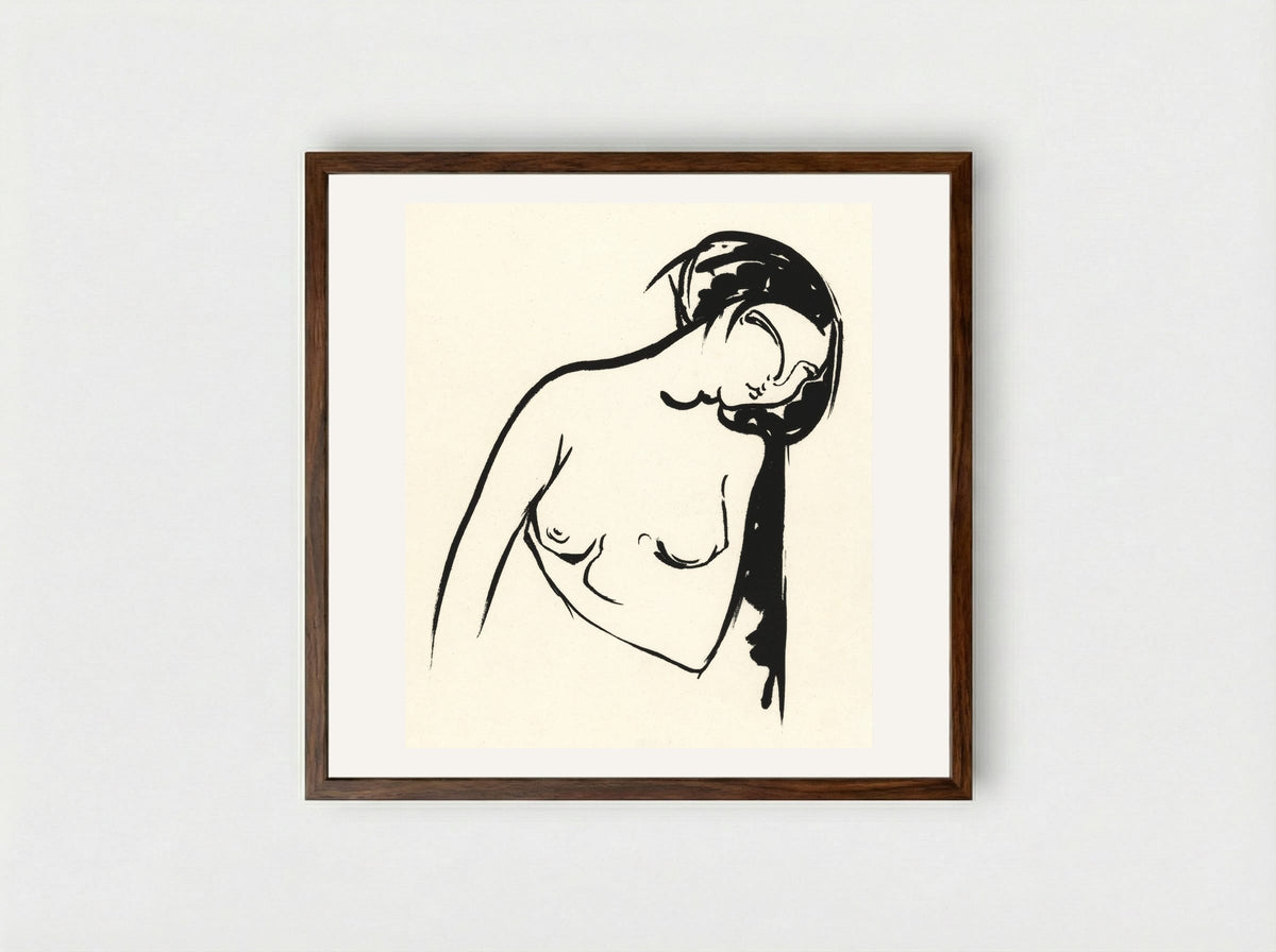 Naakte vrouw die haar borst aanraakt (Nude Woman Touching Her Breast) - Henri Jonas - Framed Print Dark Wood