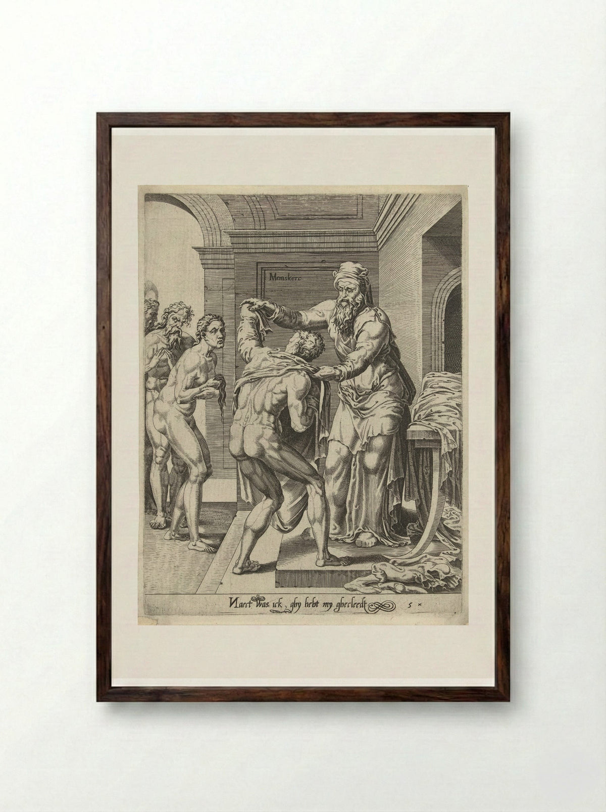 Naakten kleden (Clothe the Naked) - Dirck Volckertsz. Coornhert - Framed Print Dark Wood