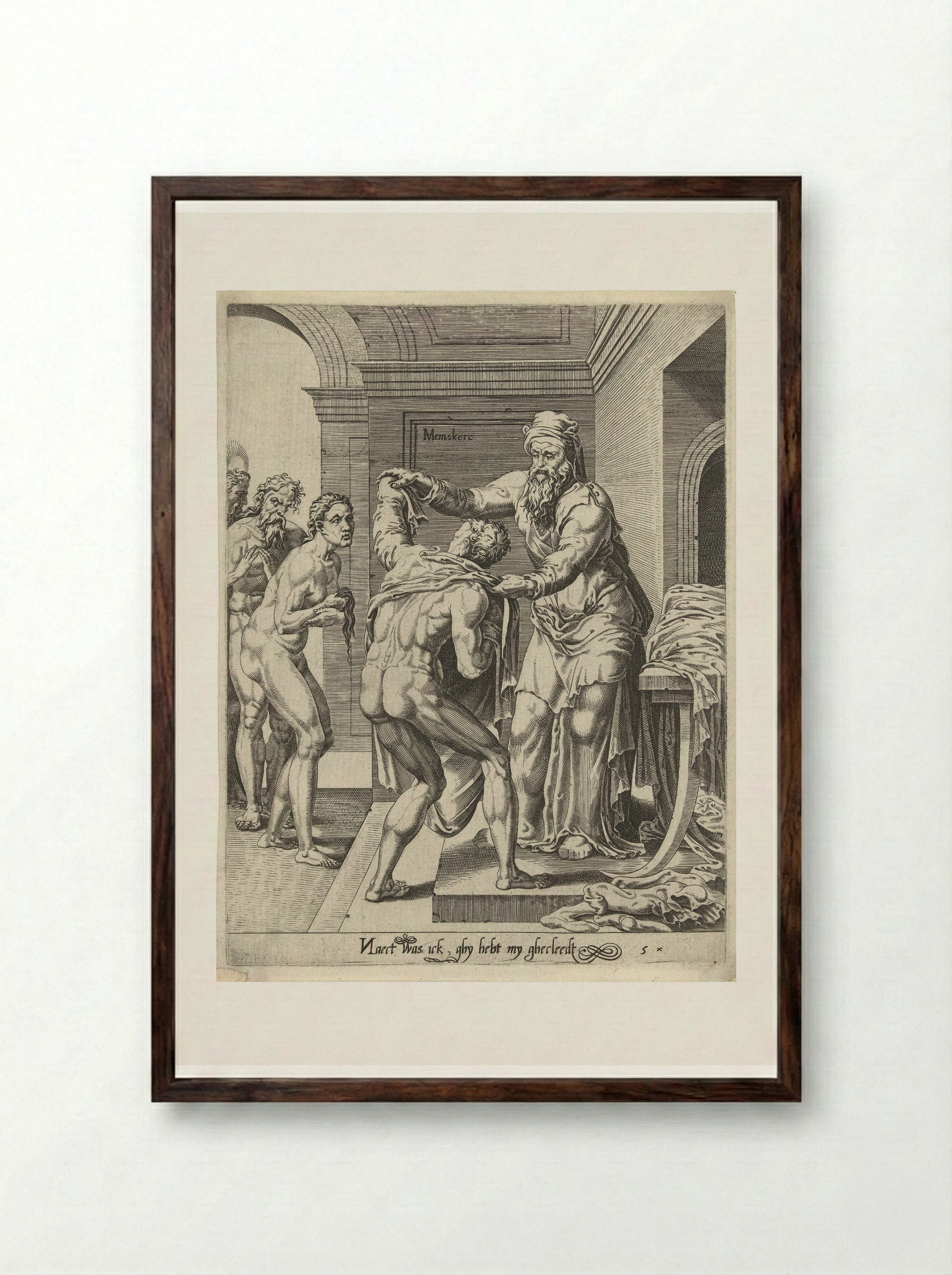 Naakten kleden (Clothe the Naked) - Dirck Volckertsz. Coornhert - Framed Print Dark Wood