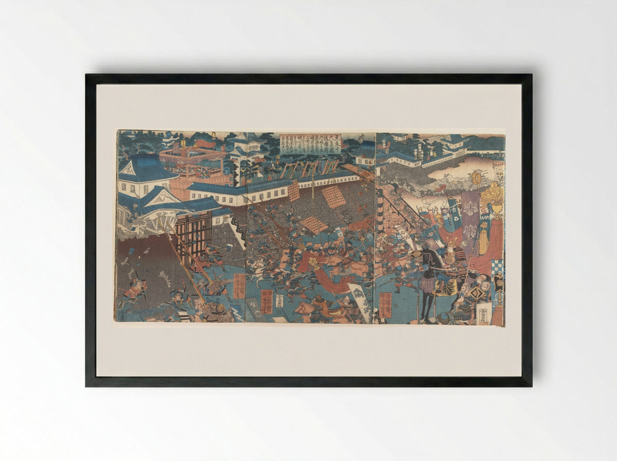 Nagao Kagetora Attacking Nagao Harukage - Utagawa Yoshitora - Framed Print Black
