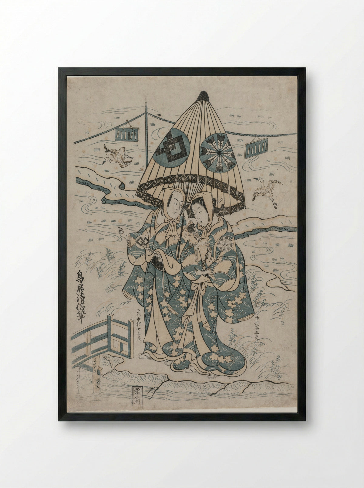 Nakamura Tomijuro and Nakamura Shichisaburo II as the Lovers Agemaki and Sukeroku - Torii Kiyonobu II - Framed Print Black