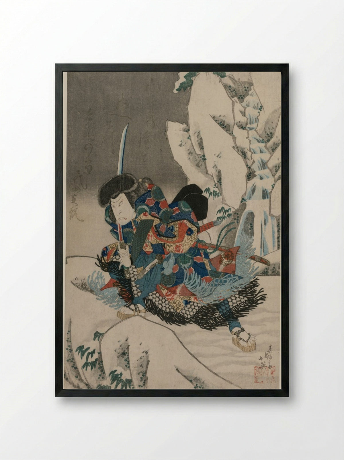 Nakamura Utaemon IV as a Warrior Standing in the Snow - Shunbaisai Hokuei - Framed Print Black