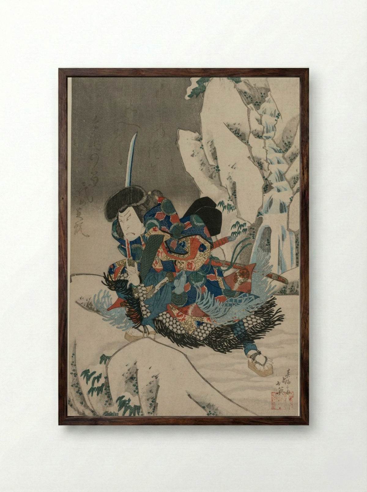 Nakamura Utaemon IV as a Warrior Standing in the Snow - Shunbaisai Hokuei - Framed Print Dark Wood
