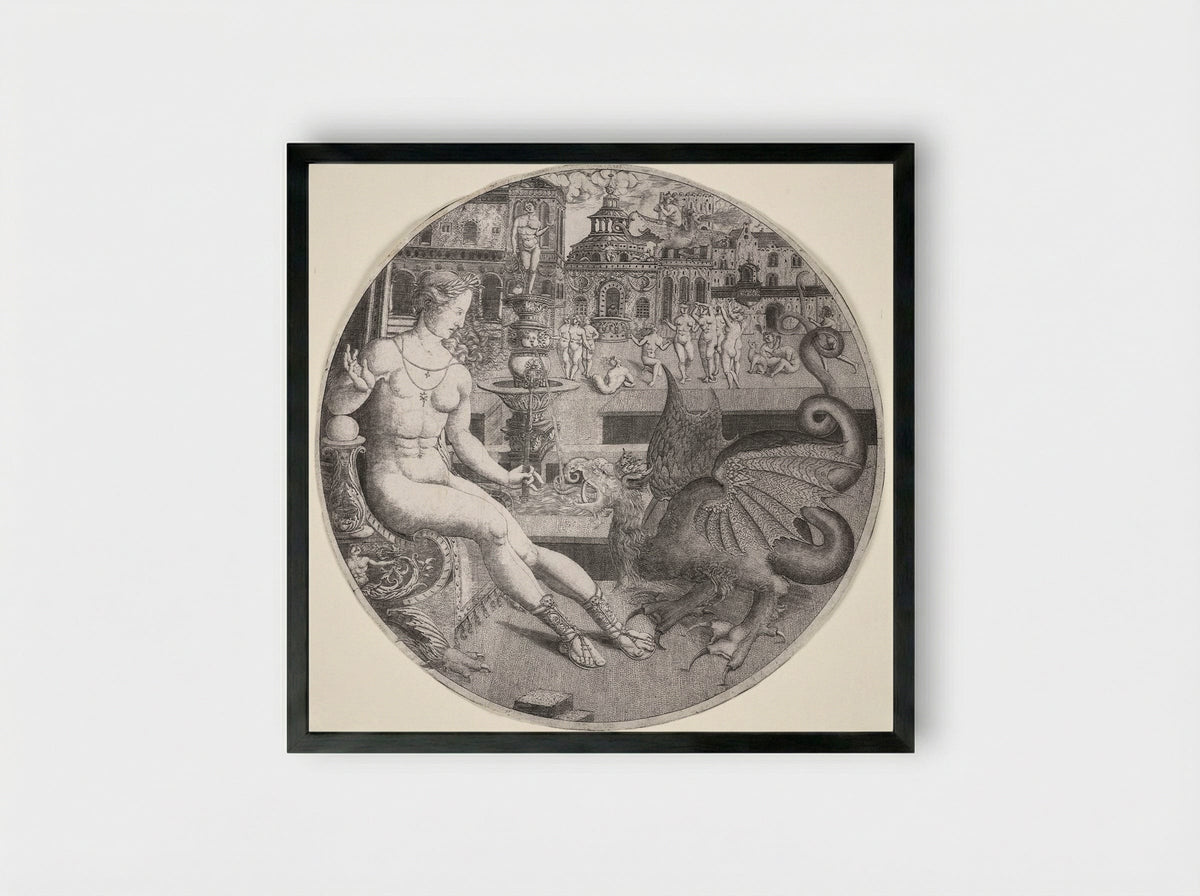 Naked Woman and a Dragon - Allaert Claesz - Framed Print Black