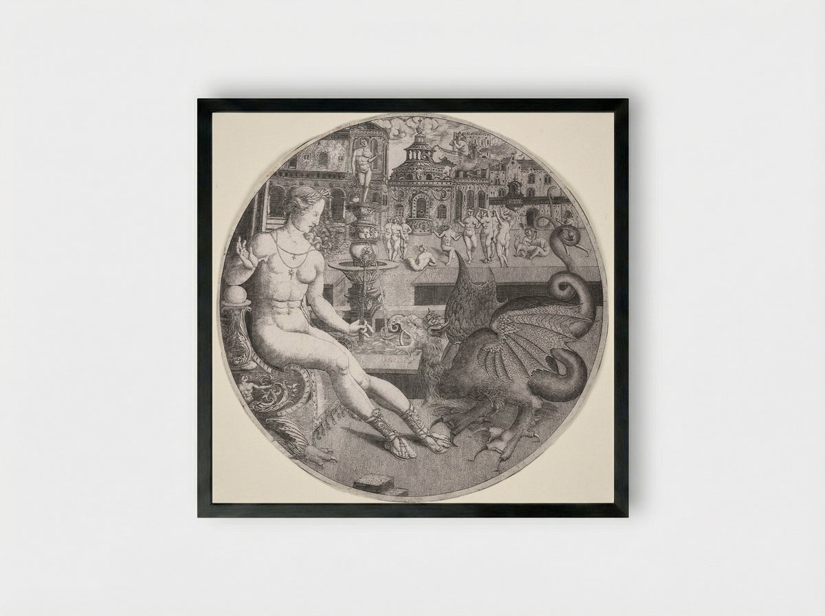 Naked Woman and a Dragon - Allaert Claesz - Framed Print Black