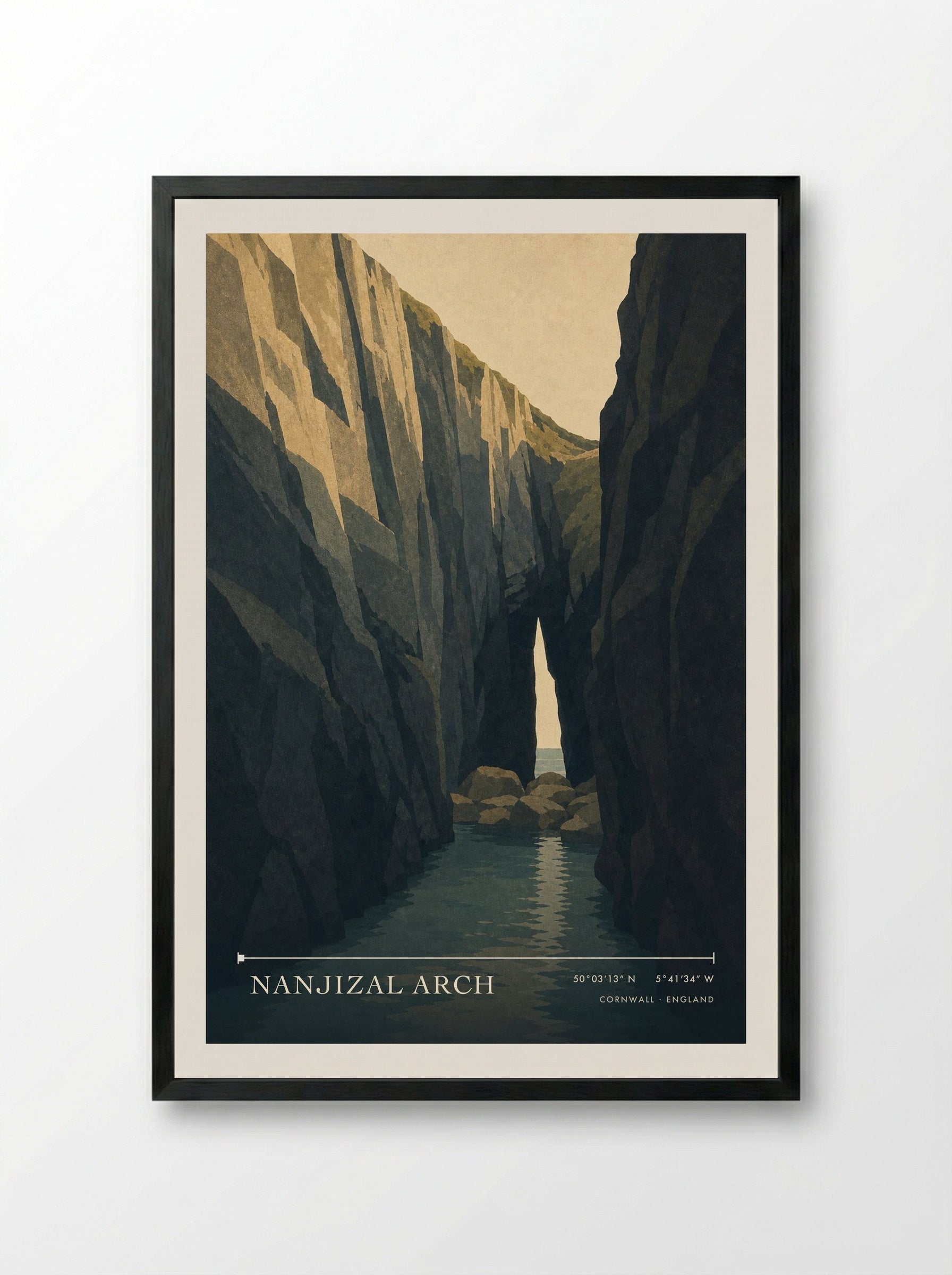 Nanjizal Arch Cornwall England Travel Poster - Framed Print Black