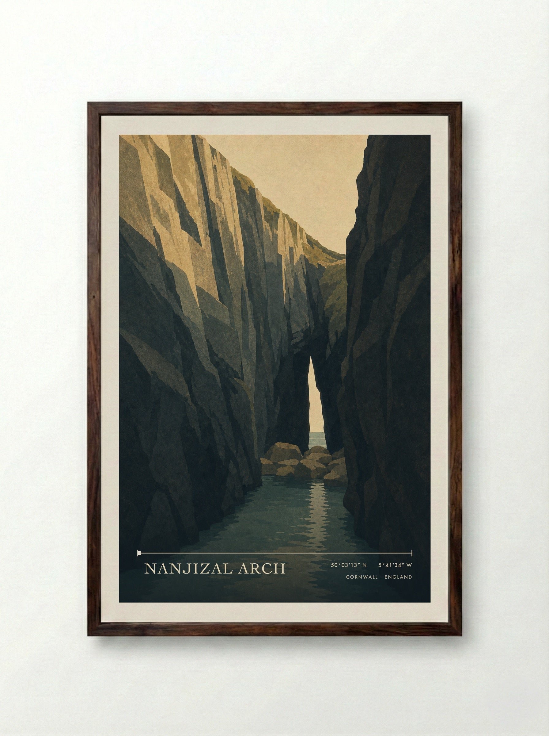 Nanjizal Arch Cornwall England Travel Poster - Framed Print Dark Wood