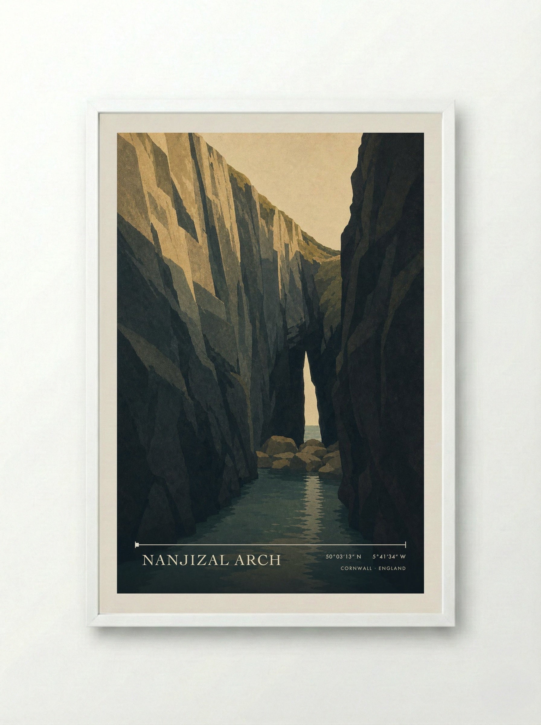 Nanjizal Arch Cornwall England Travel Poster - Framed Print White