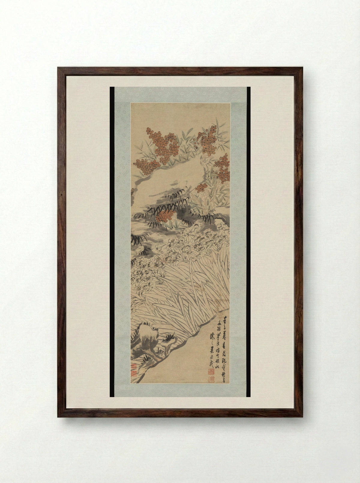 Narcissus, Fungus, and Nandina - Wu Xizai - Framed Print Dark Wood