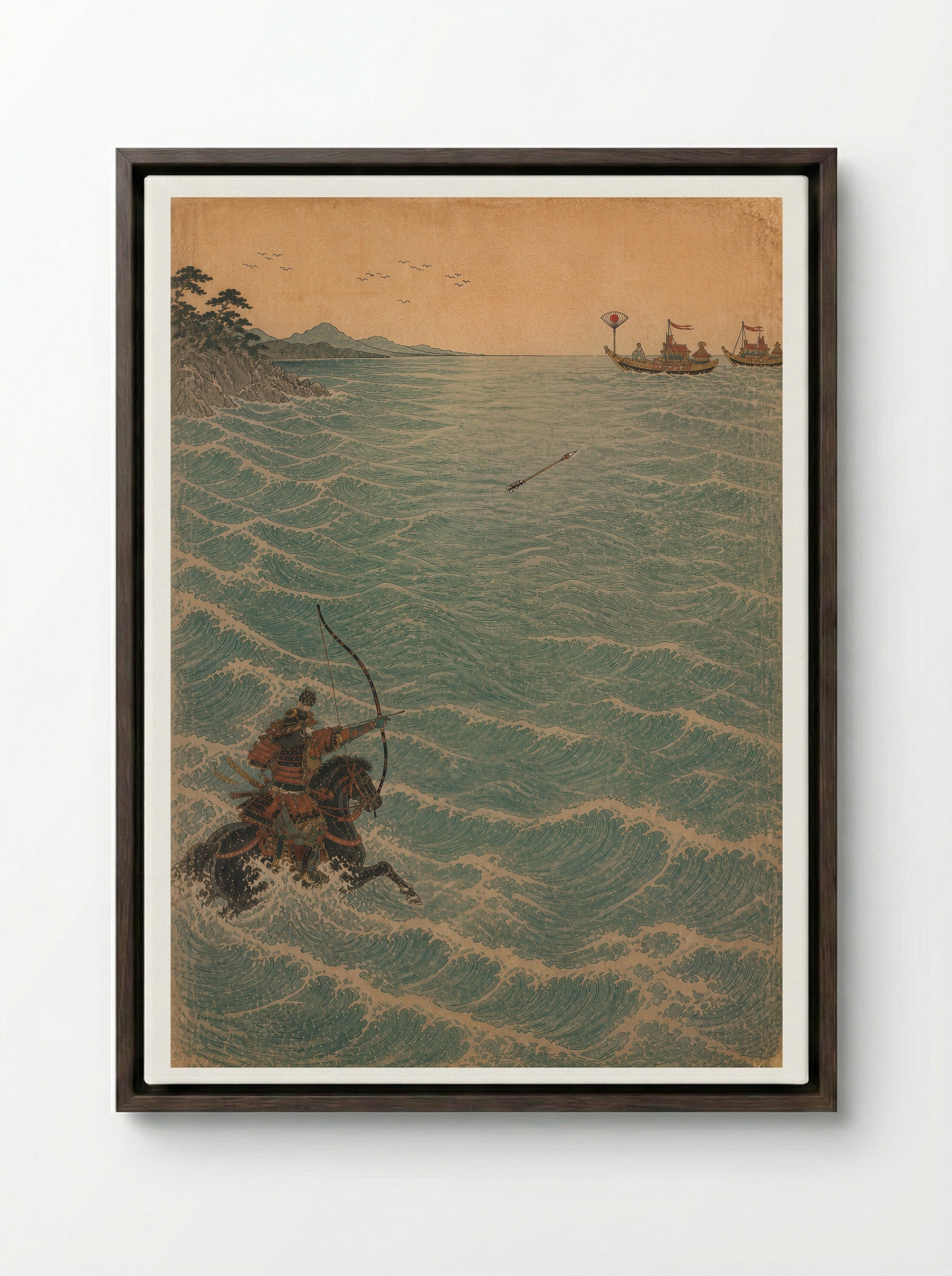 Nasu no Yoichi at Yashima: Across the Water - Framed Canvas Dark Wood