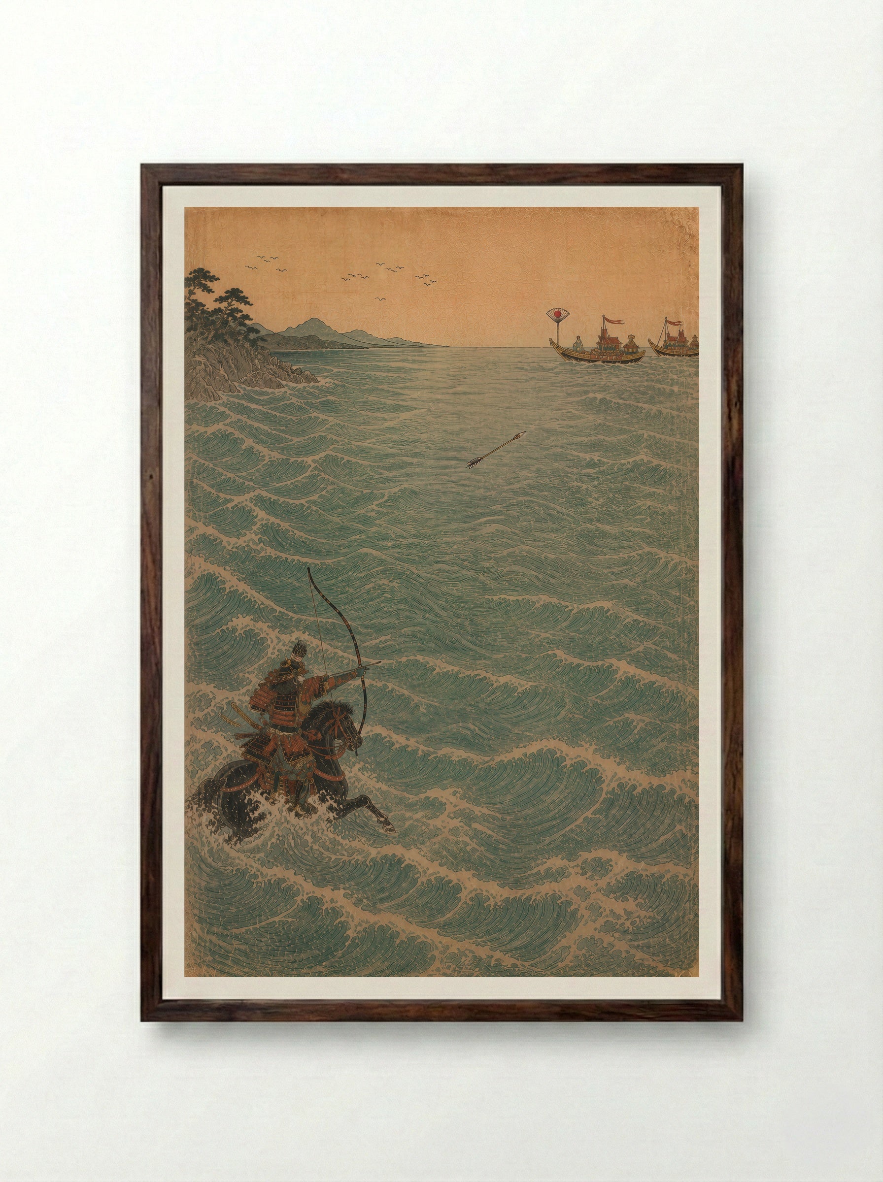 Nasu no Yoichi at Yashima: Across the Water - Framed Print Dark Wood