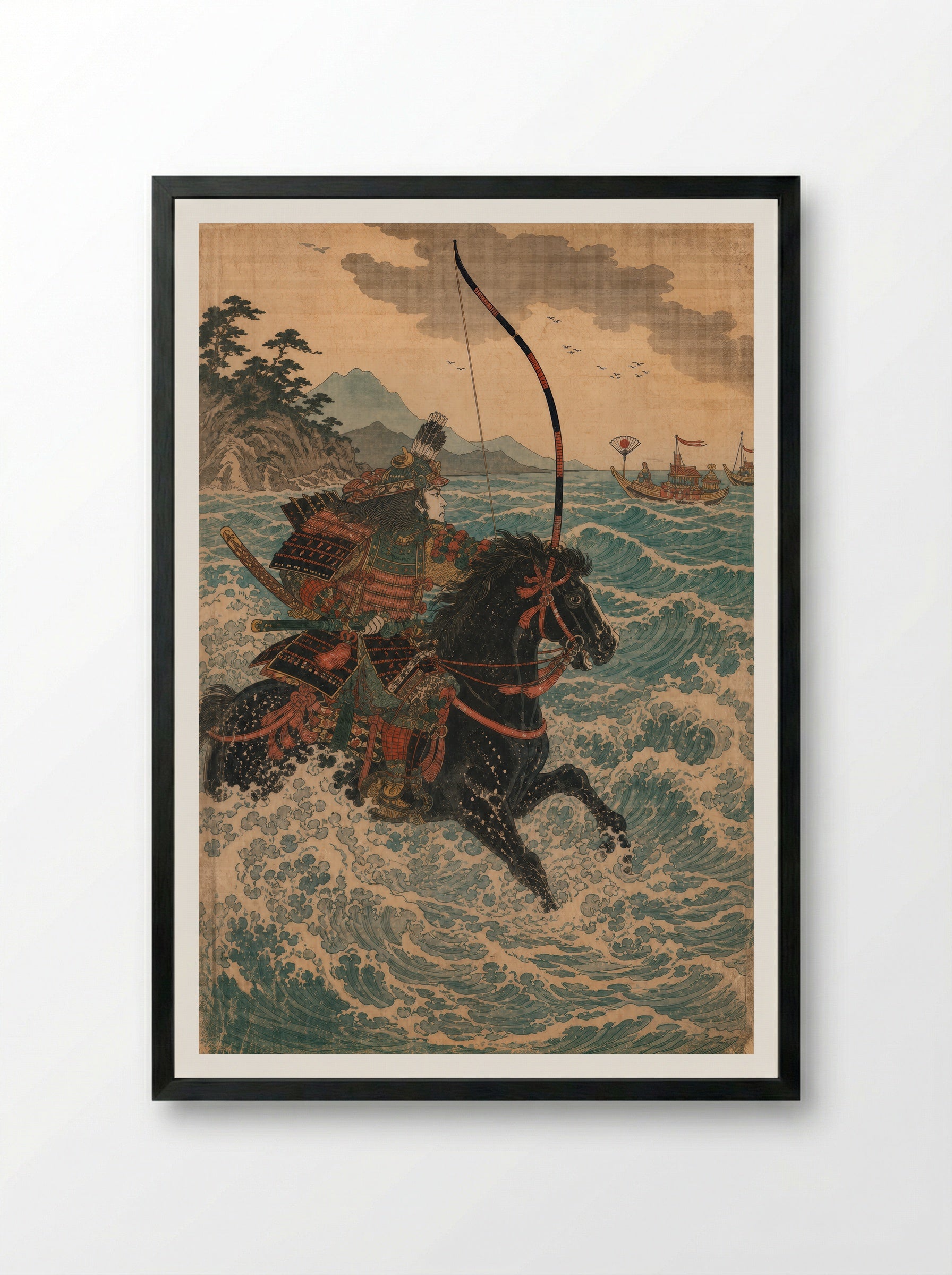 Nasu no Yoichi at Yashima: Riding Into the Surf - Framed Print Black