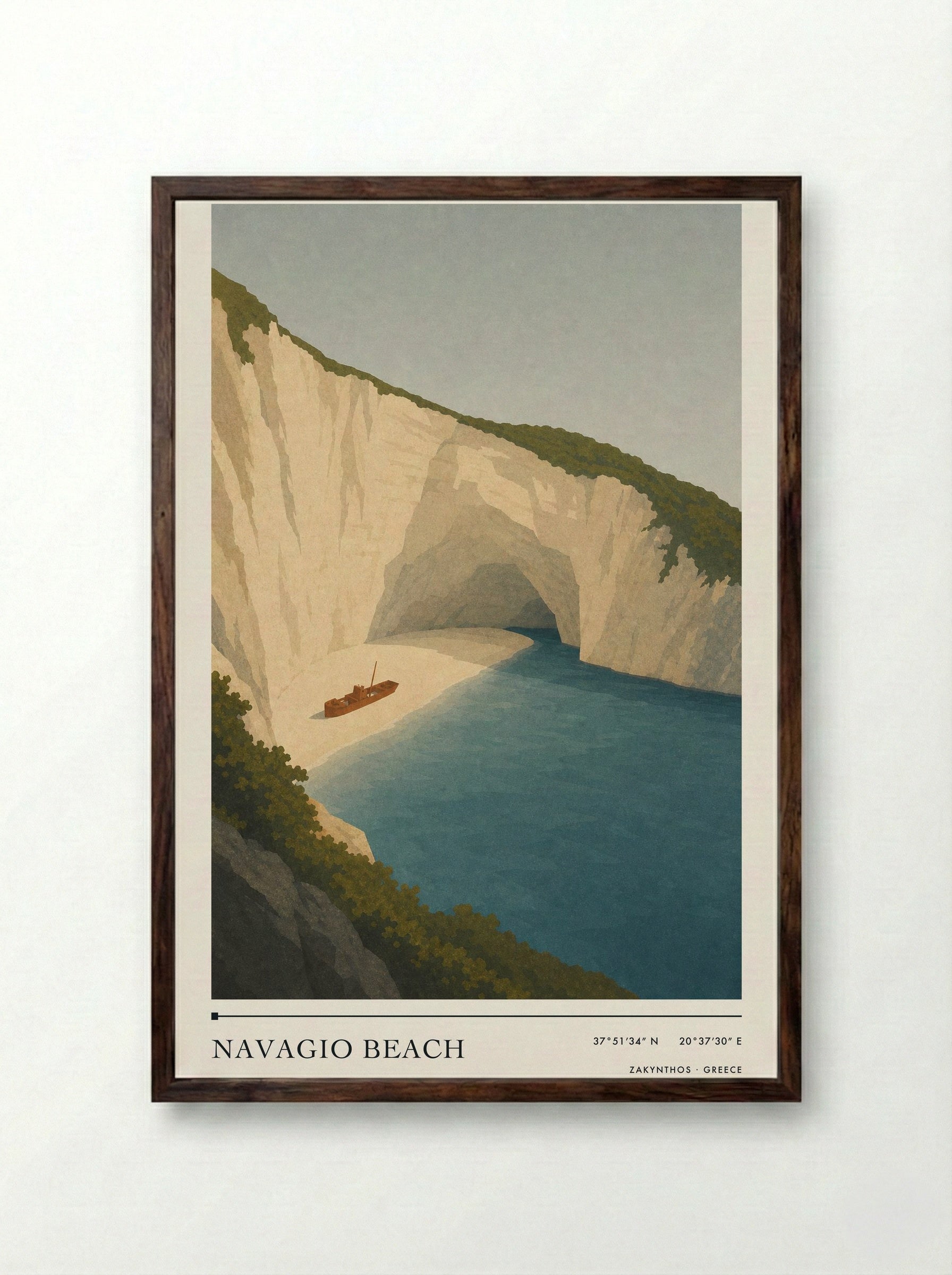 Navagio Beach Travel Poster Artwork - Framed Print Dark Wood
