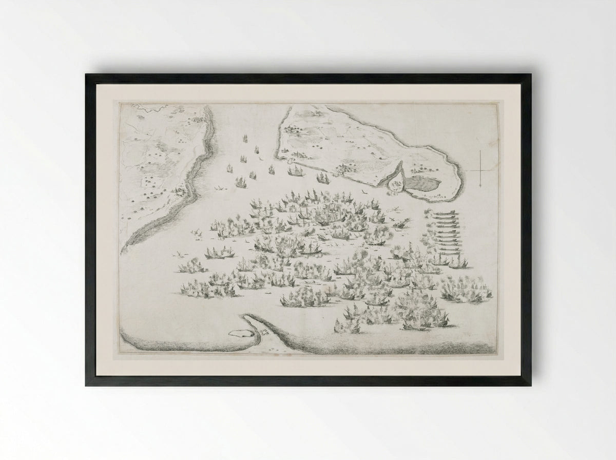 Naval Battle at La Rochelle - Stefano Della Bella - Framed Print Black