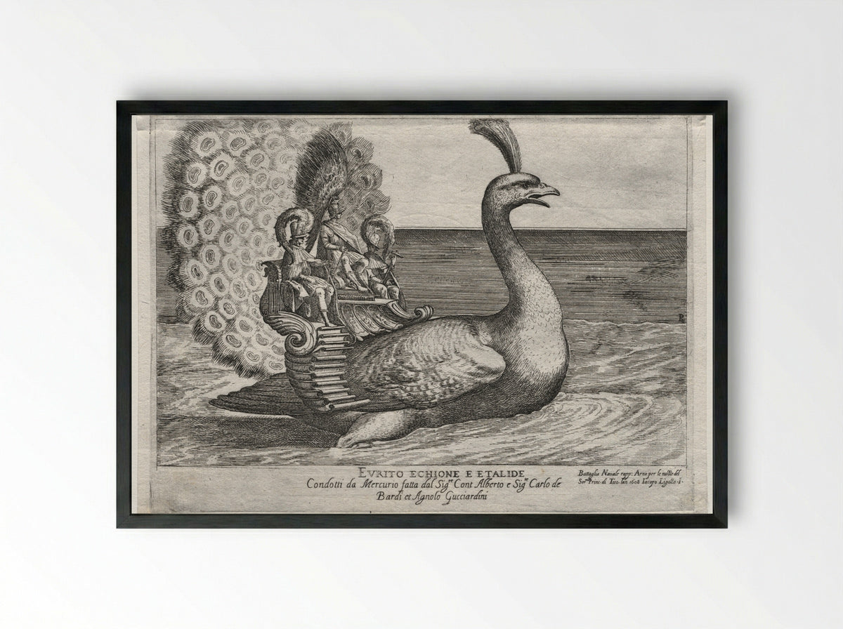 Naval Combat Represented on the Arno River: Evrito, Echione, and Etalide - Remigio Cantagallina - Framed Print Black