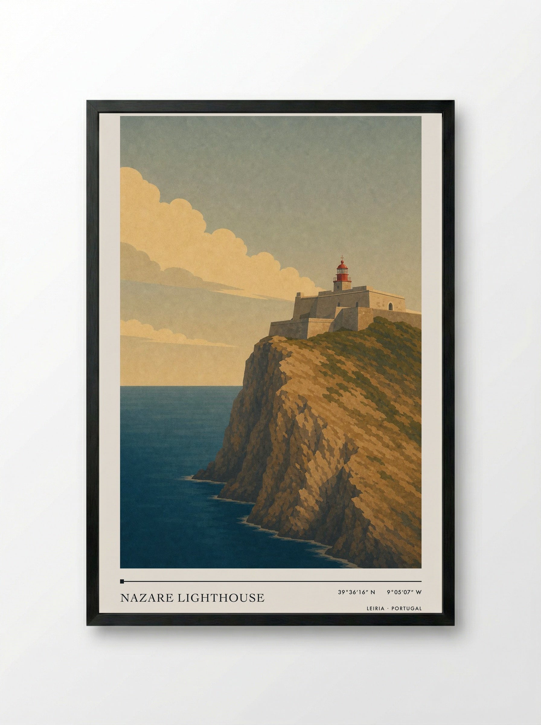 Nazare Lighthouse Travel Poster Artwork - Framed Print Black