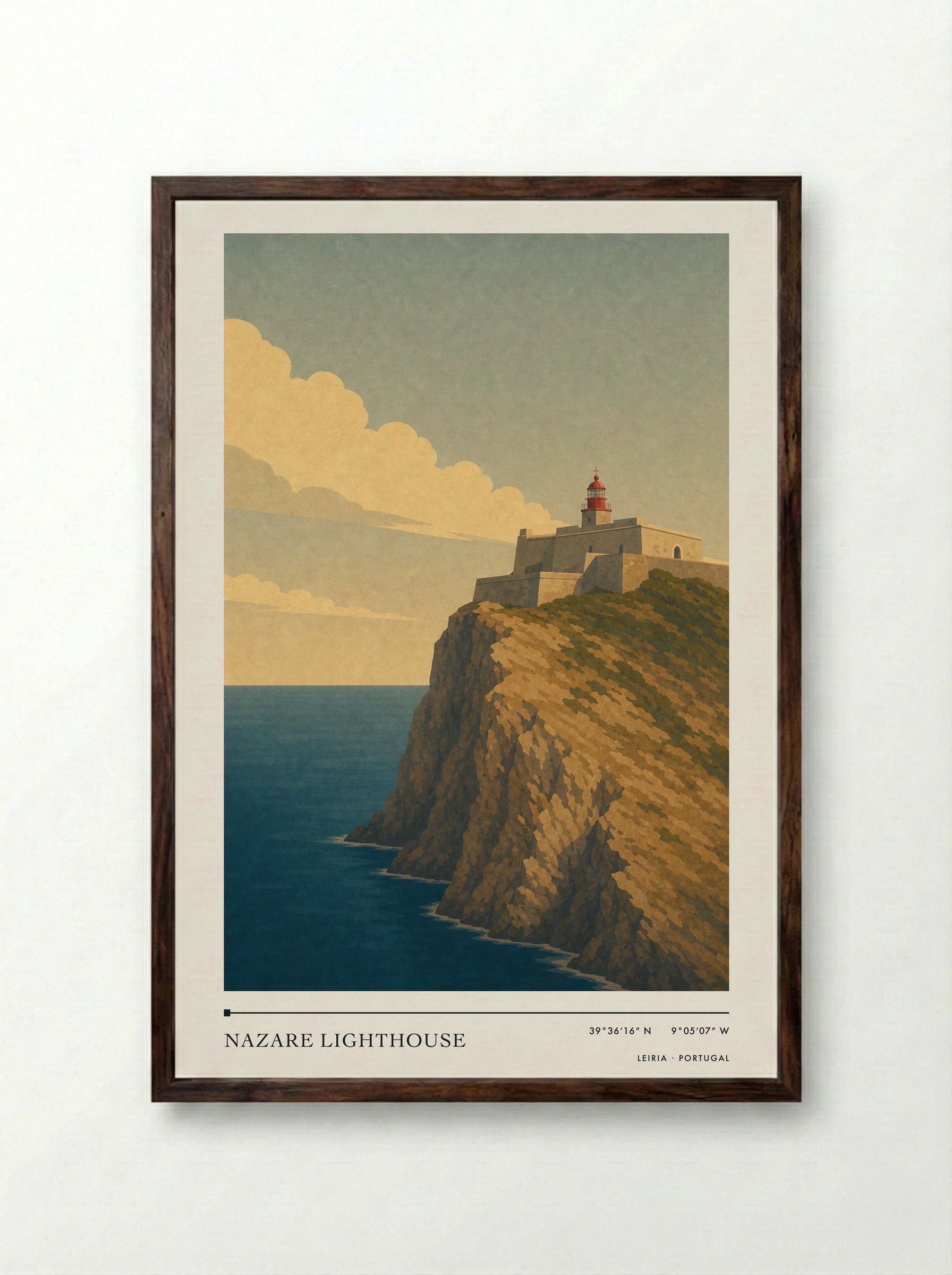 Nazare Lighthouse Travel Poster Artwork - Framed Print Dark Wood