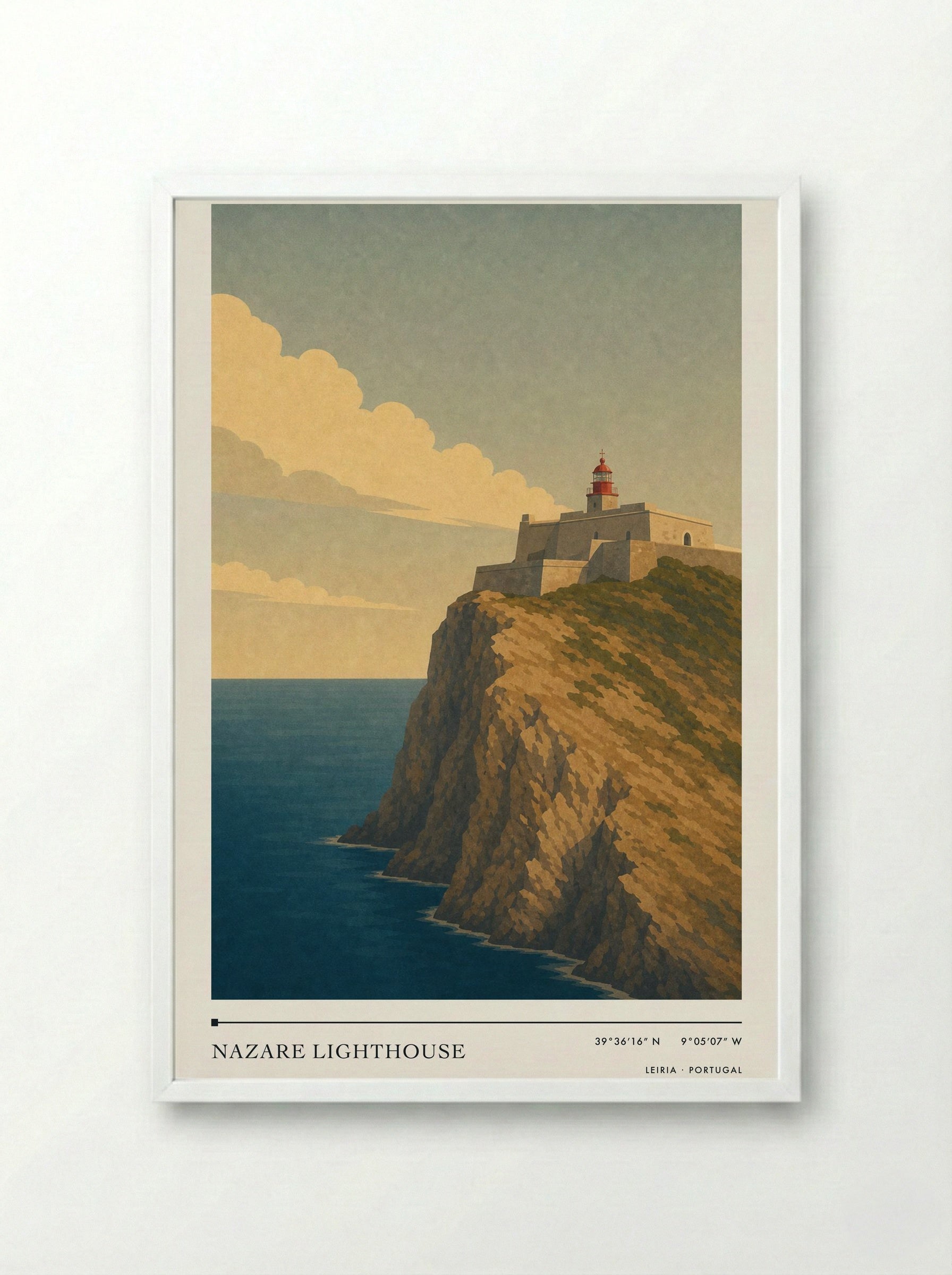 Nazare Lighthouse Travel Poster Artwork - Framed Print White