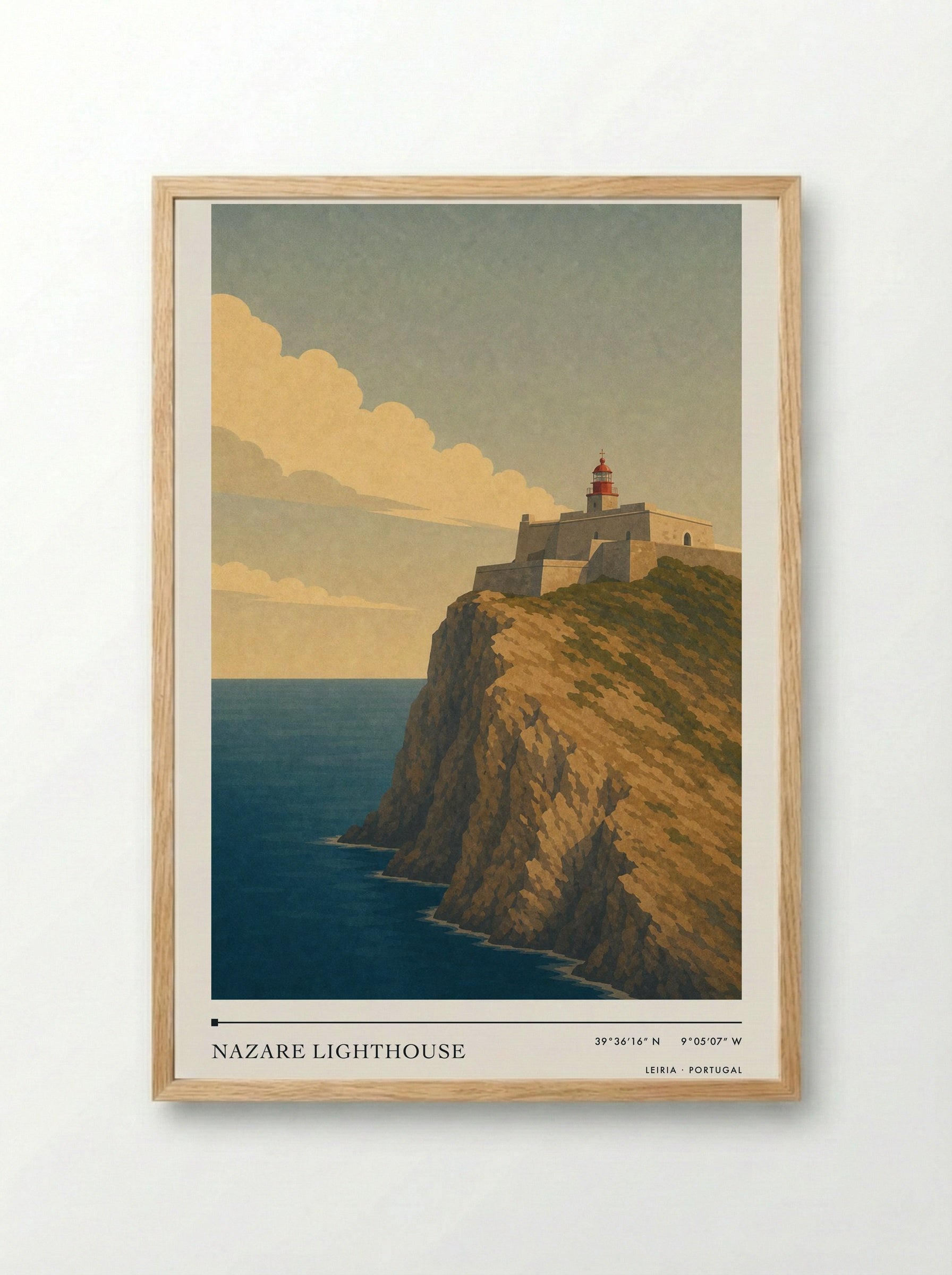 Nazare Lighthouse Travel Poster Artwork - Framed Print Wood