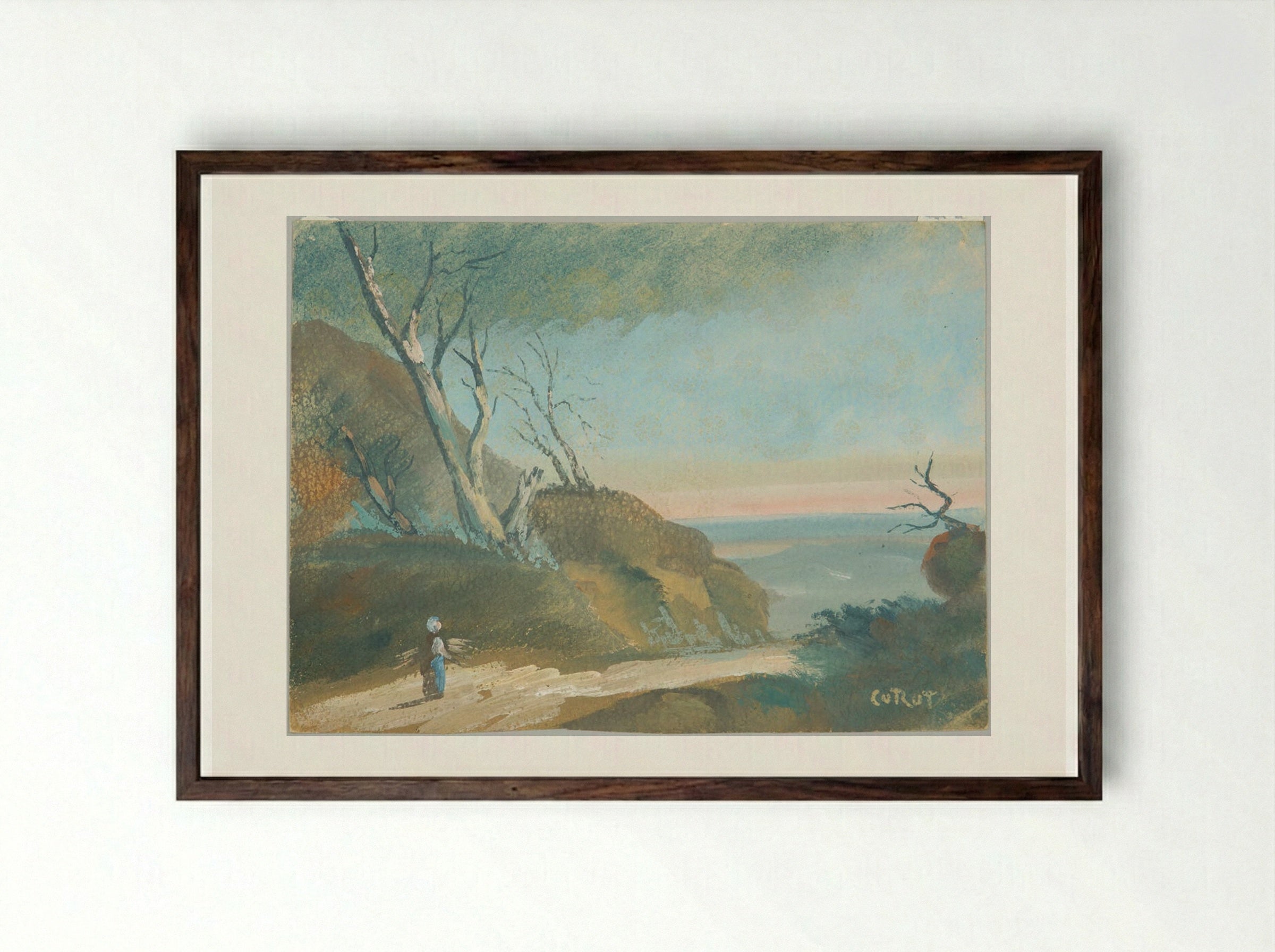 Near Blandy - Jean-Baptiste-Camille Corot - Framed Print Dark Wood