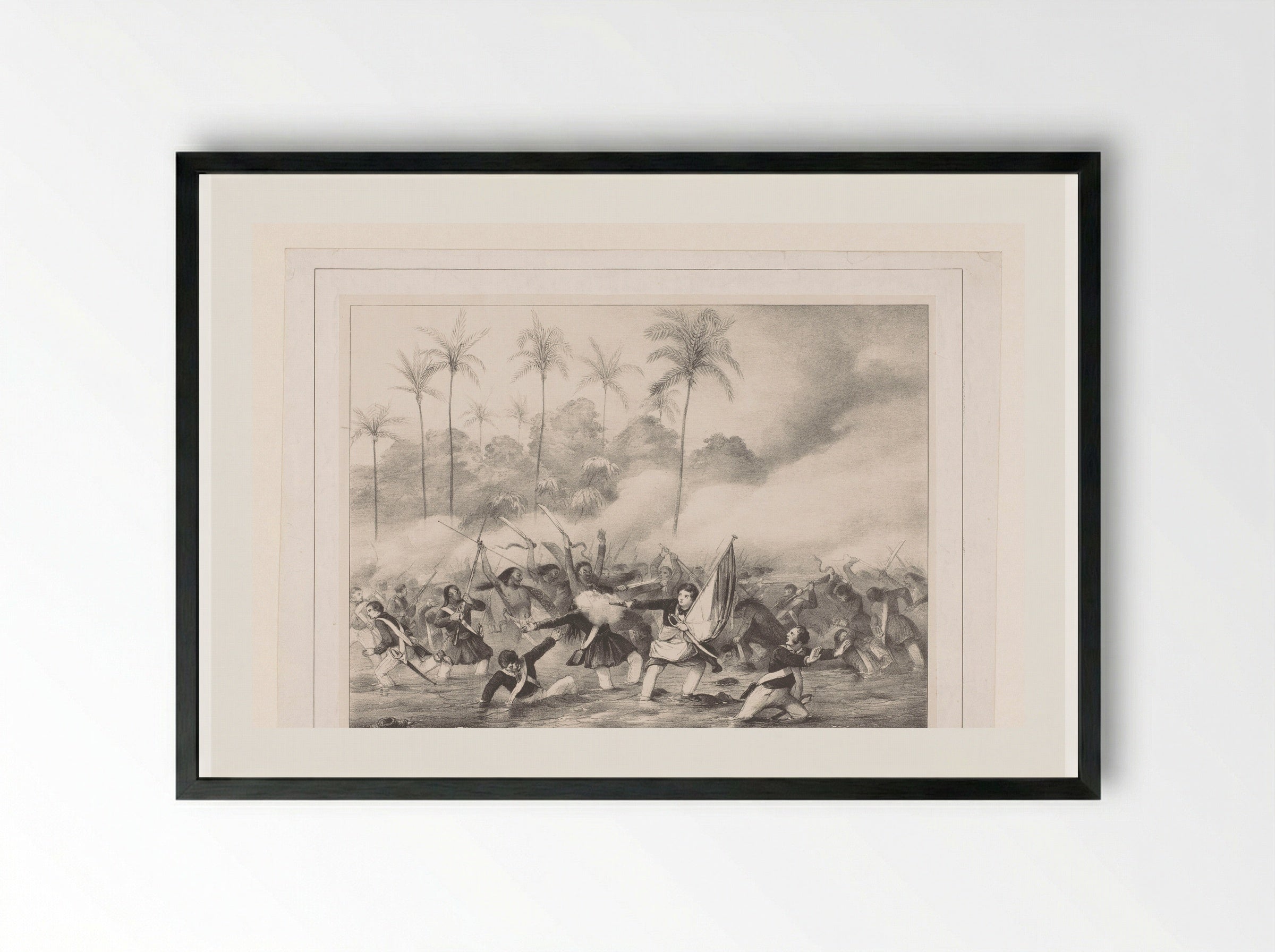 Nederlanders in gevecht met de bevolking van een onbekend land - Charles Rochussen - Framed Print Black