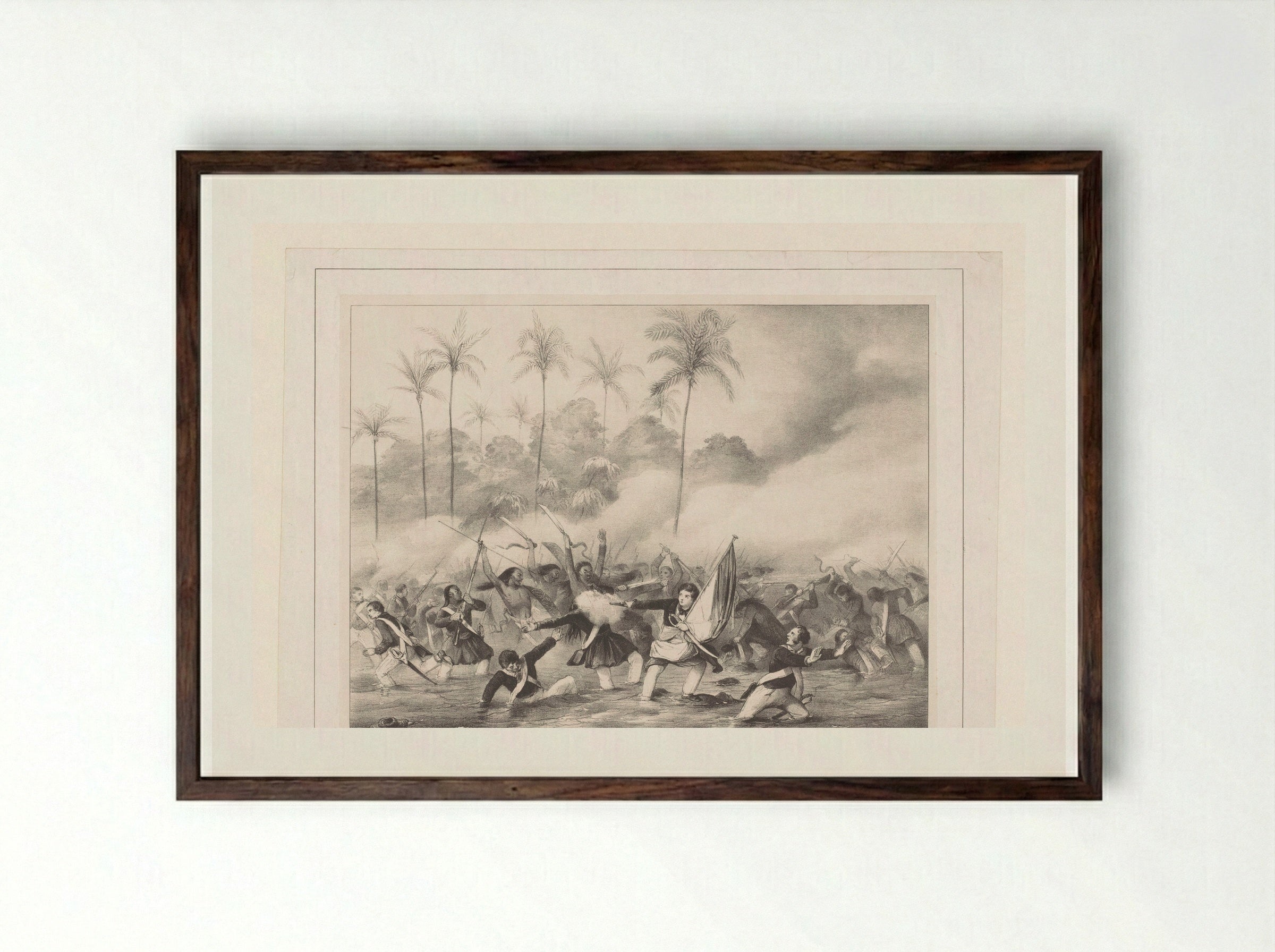 Nederlanders in gevecht met de bevolking van een onbekend land - Charles Rochussen - Framed Print Dark Wood