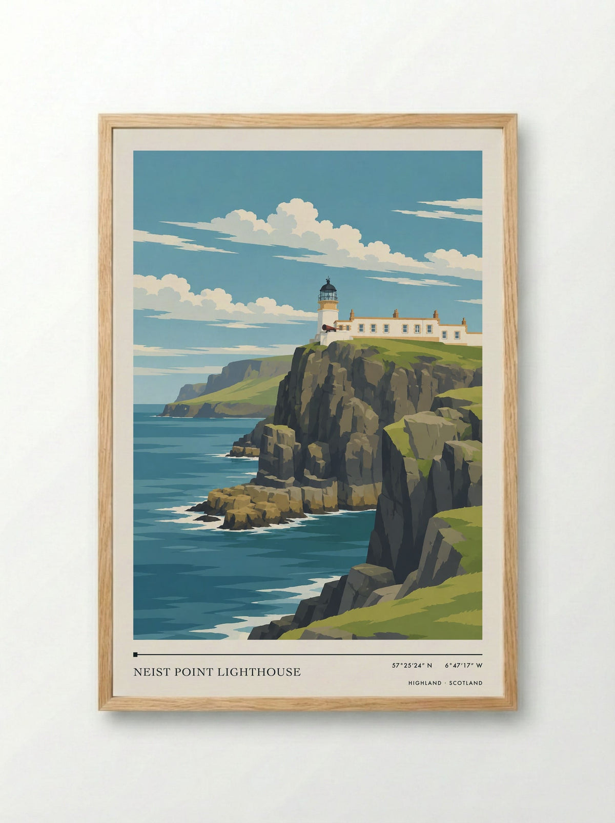 Neist Point Lighthouse, Highland | Travel Poster - Framed Print Wood