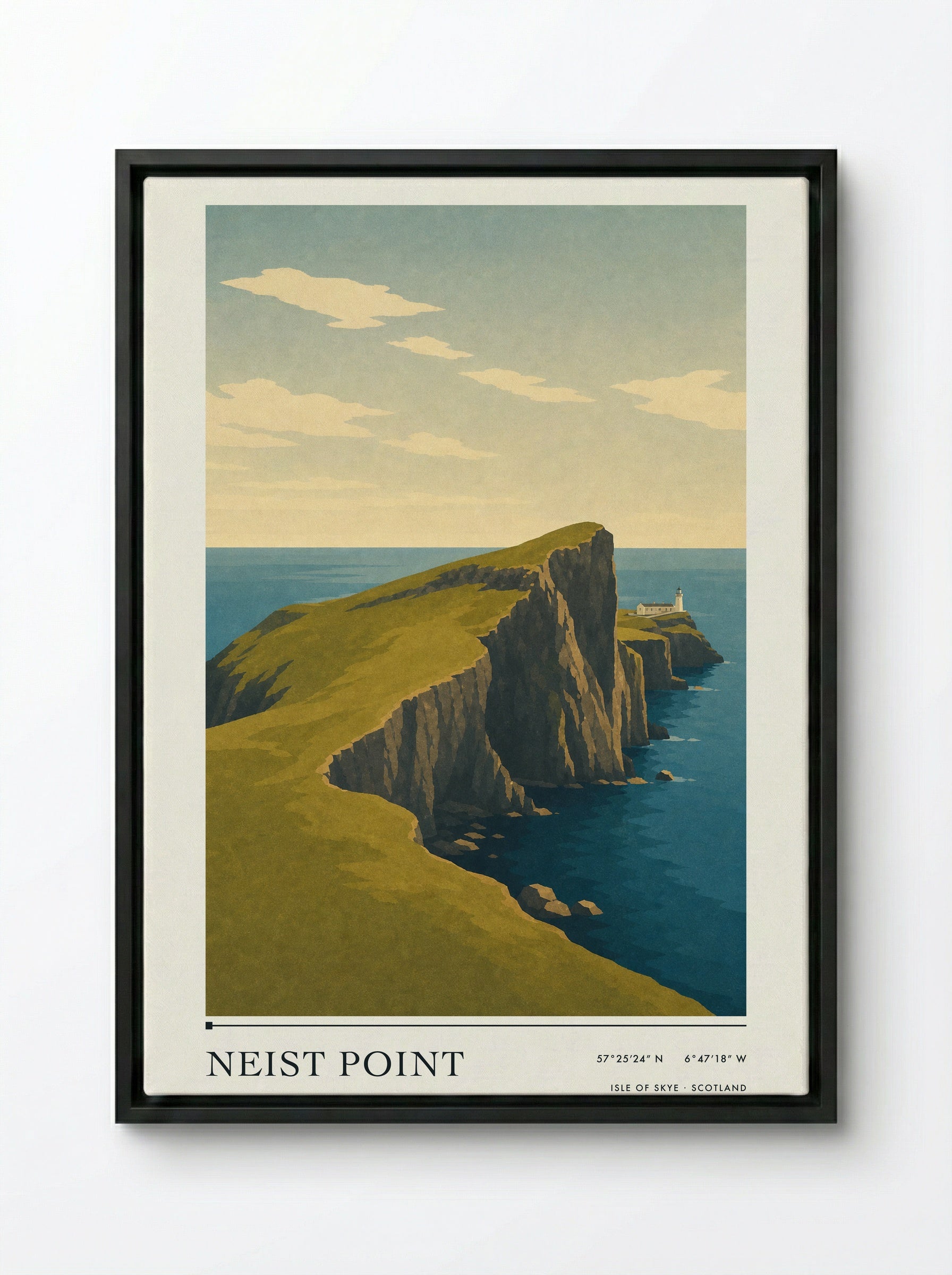 Neist Point Travel Poster Artwork - Framed Canvas Black