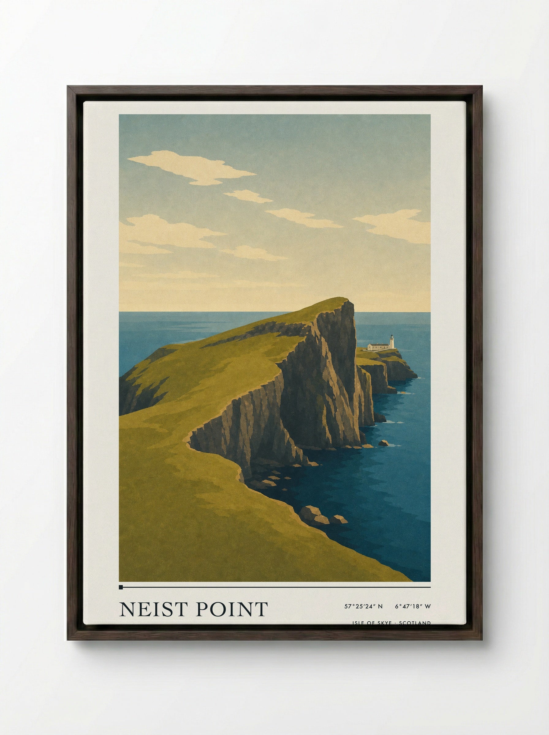 Neist Point Travel Poster Artwork - Framed Canvas Dark Wood