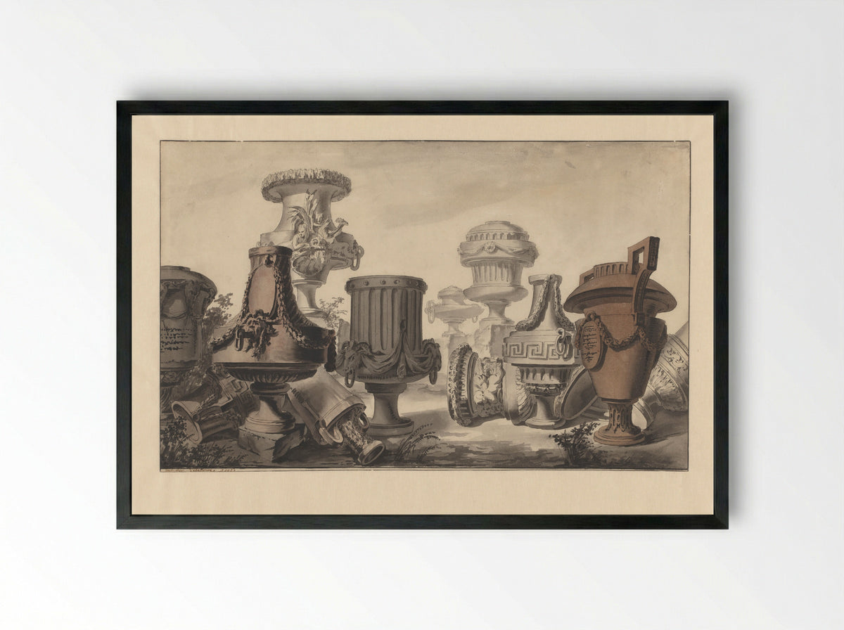 Neo-classical Vases in a Landscape - Jean Charles Delafosse - Framed Print Black