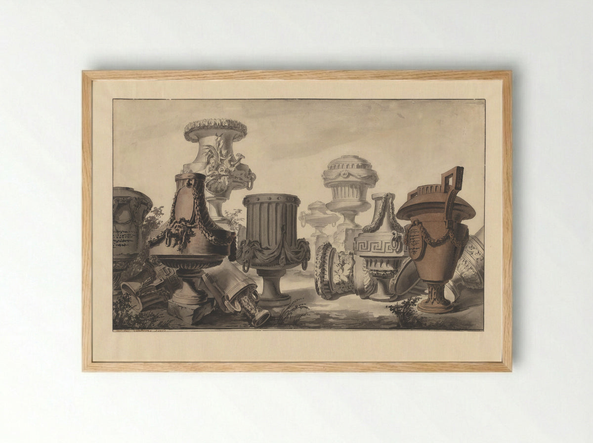 Neo-classical Vases in a Landscape - Jean Charles Delafosse - Framed Print Wood
