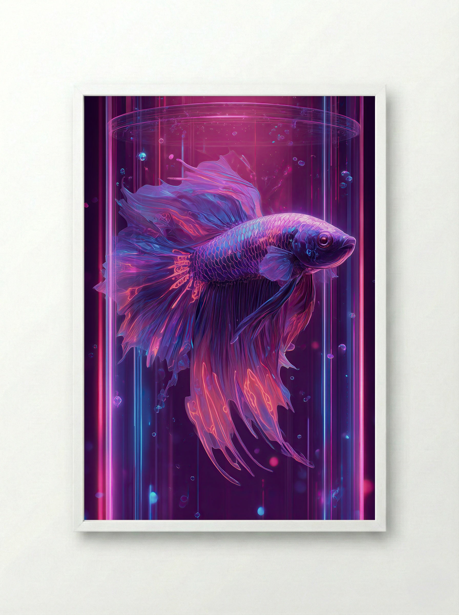 Neon Betta No.3 – Violet Glow Betta in Cyber Bloom - Framed Print White