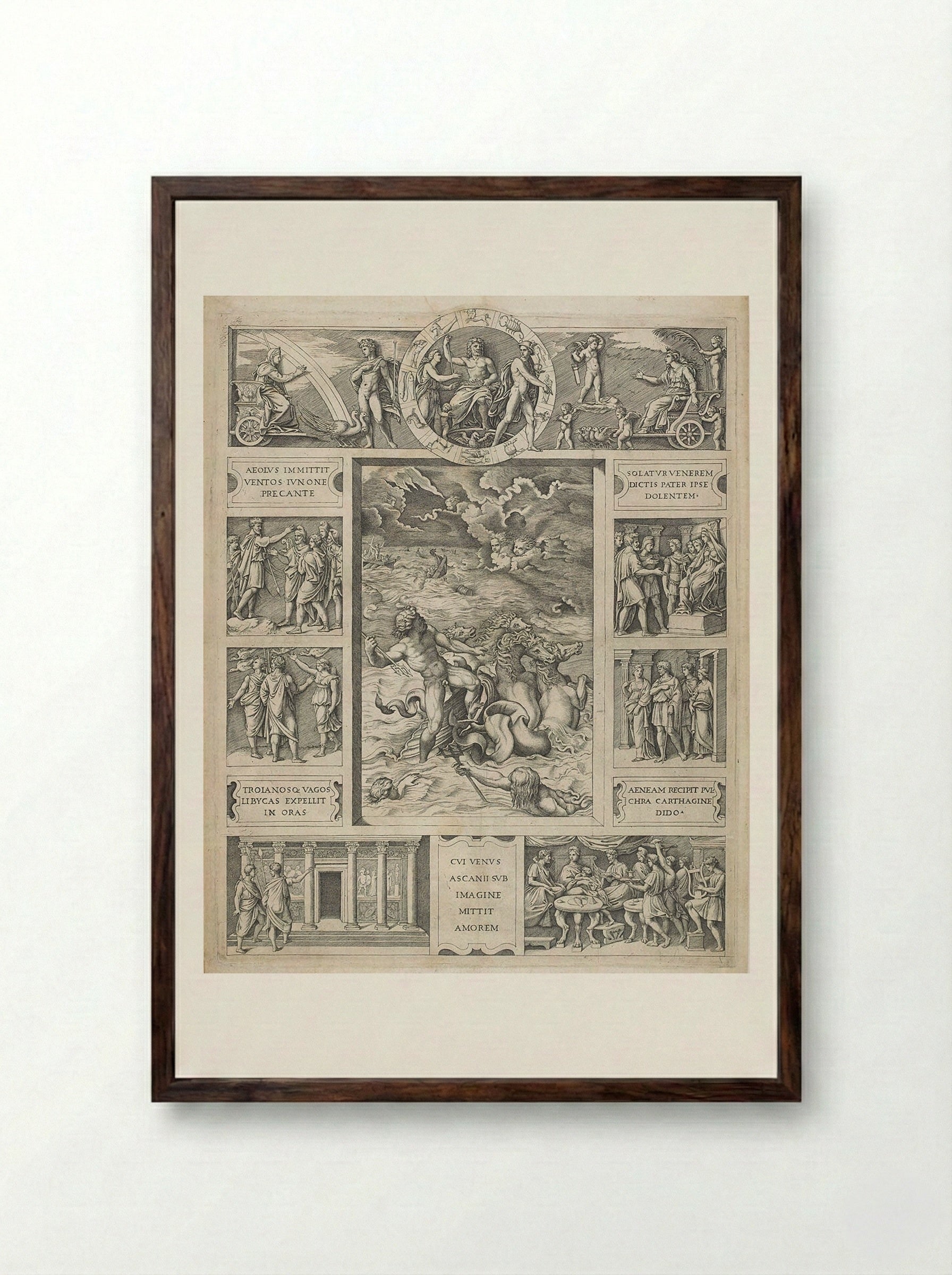 Neptune Quelling the Storm - Marcantonio Raimondi - Framed Print Dark Wood