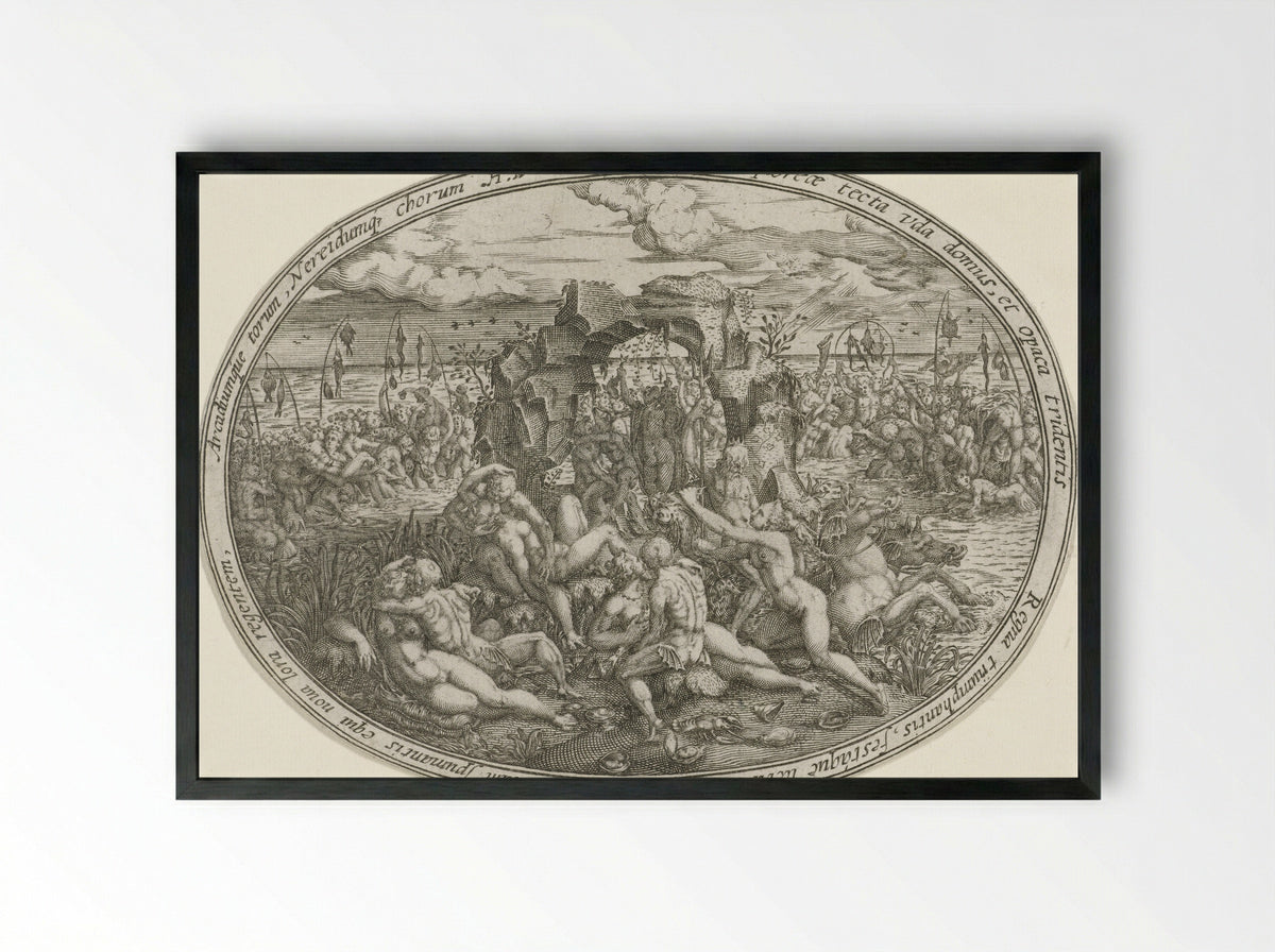 Neptunus met nereïden en tritons: het element water - Abraham van den Hecken - Framed Print Black