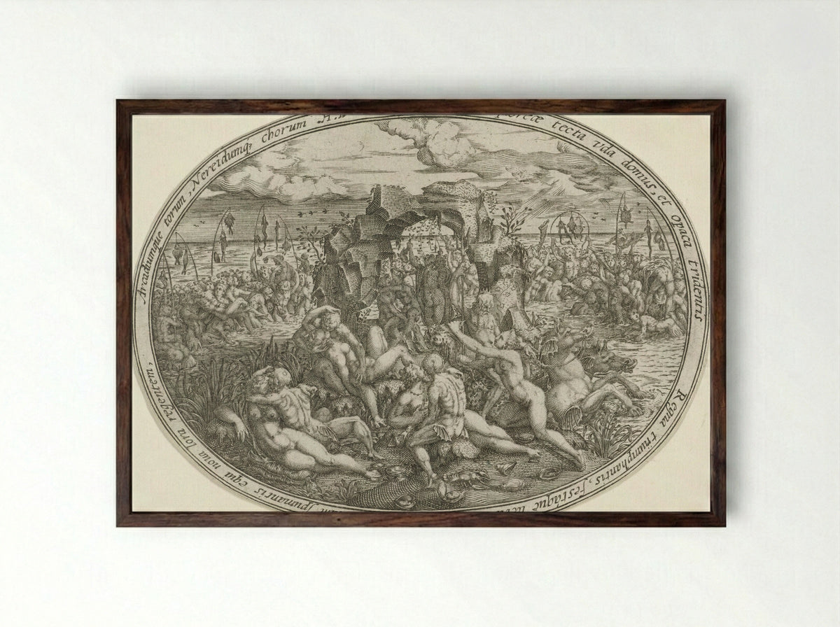 Neptunus met nereïden en tritons: het element water - Abraham van den Hecken - Framed Print Dark Wood