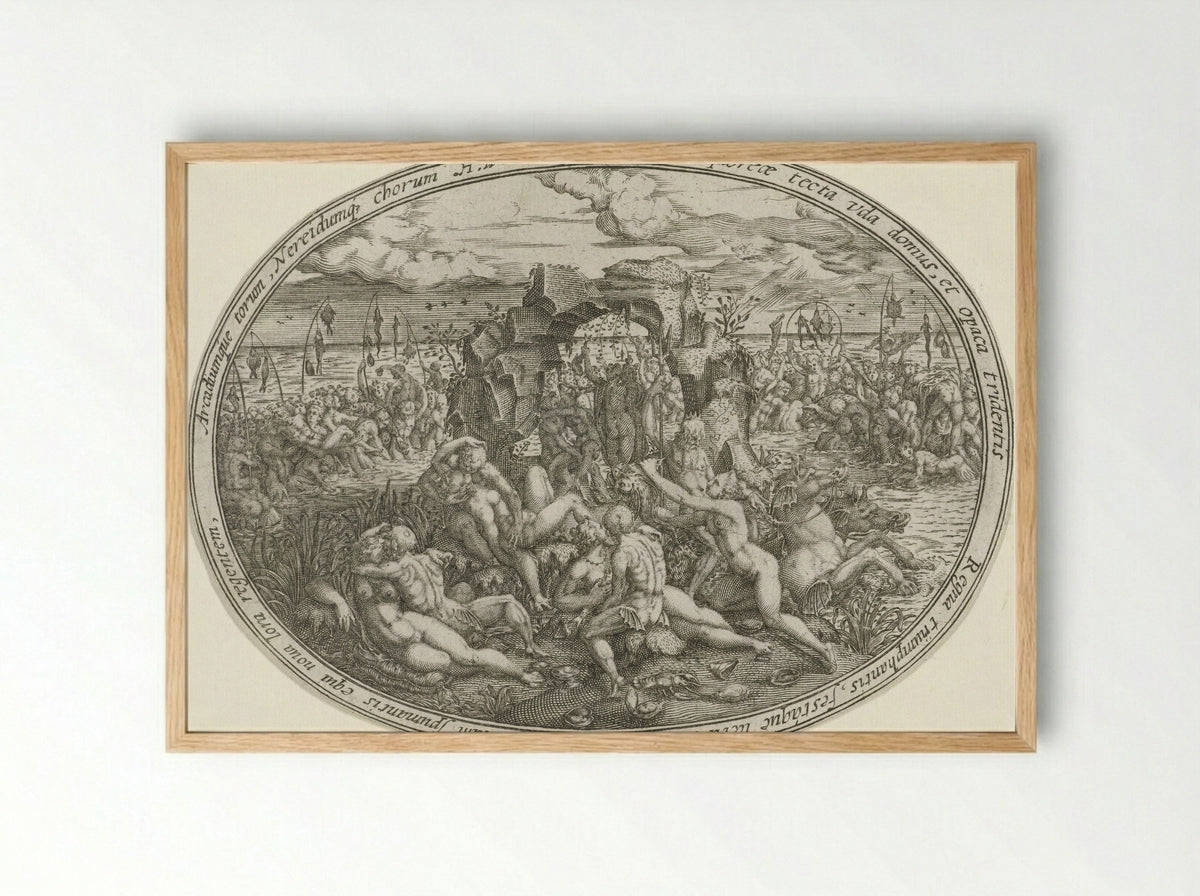 Neptunus met nereïden en tritons: het element water - Abraham van den Hecken - Framed Print Wood