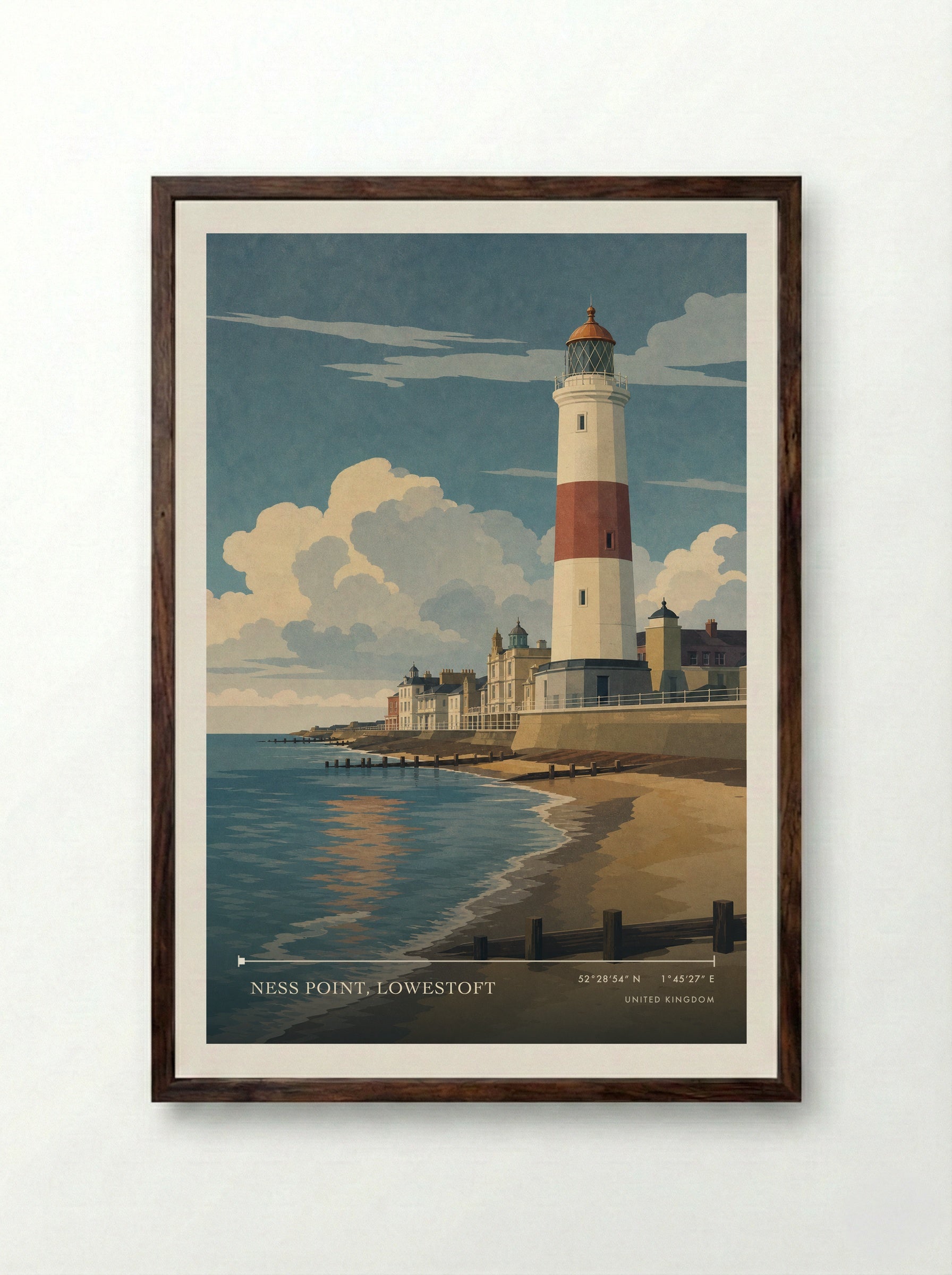 Ness Point, Lowestoft United Kingdom Travel Poster - Framed Print Dark Wood