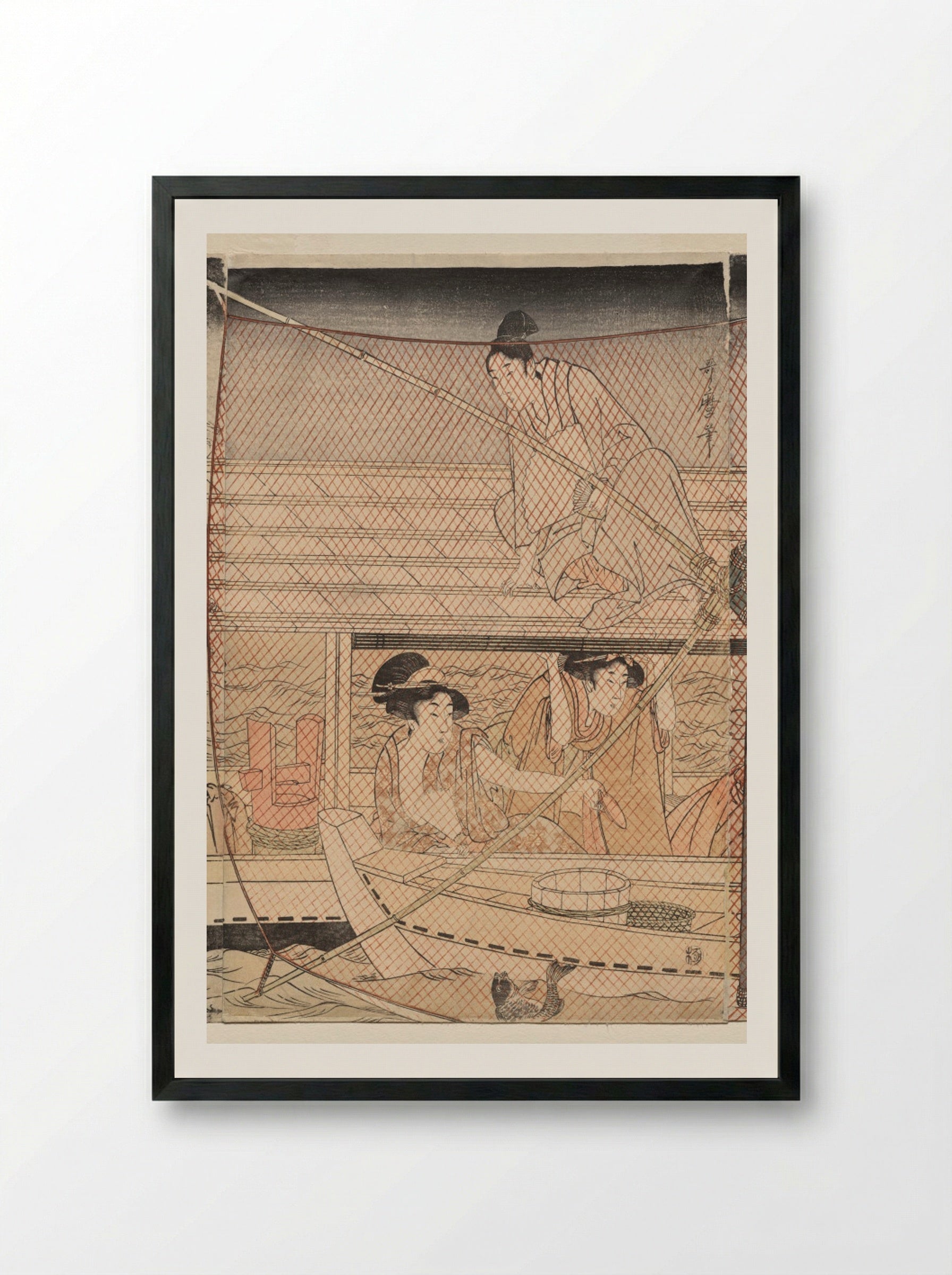Net Fishing at Night on the Sumida River - Kitagawa Utamaro - Framed Print Black