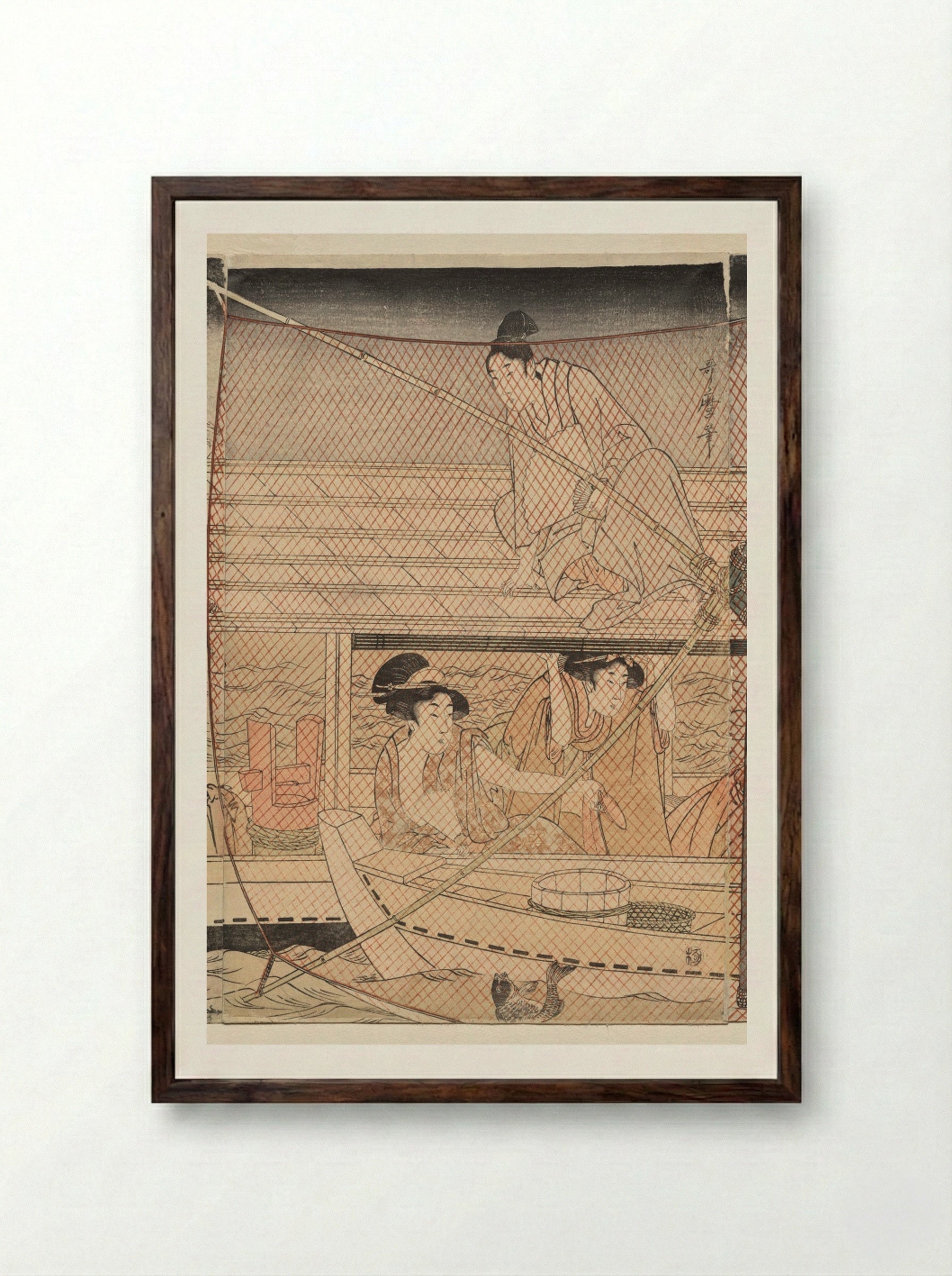 Net Fishing at Night on the Sumida River - Kitagawa Utamaro - Framed Print Dark Wood