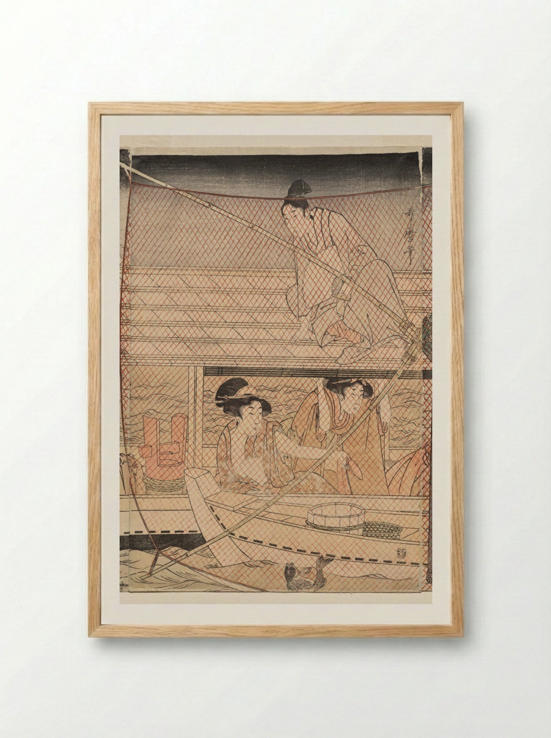 Net Fishing at Night on the Sumida River - Kitagawa Utamaro - Framed Print Wood