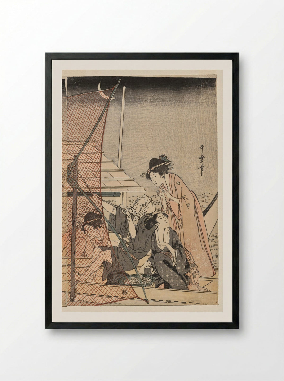 Net Fishing at Night - Kitagawa Utamaro - Framed Print Black