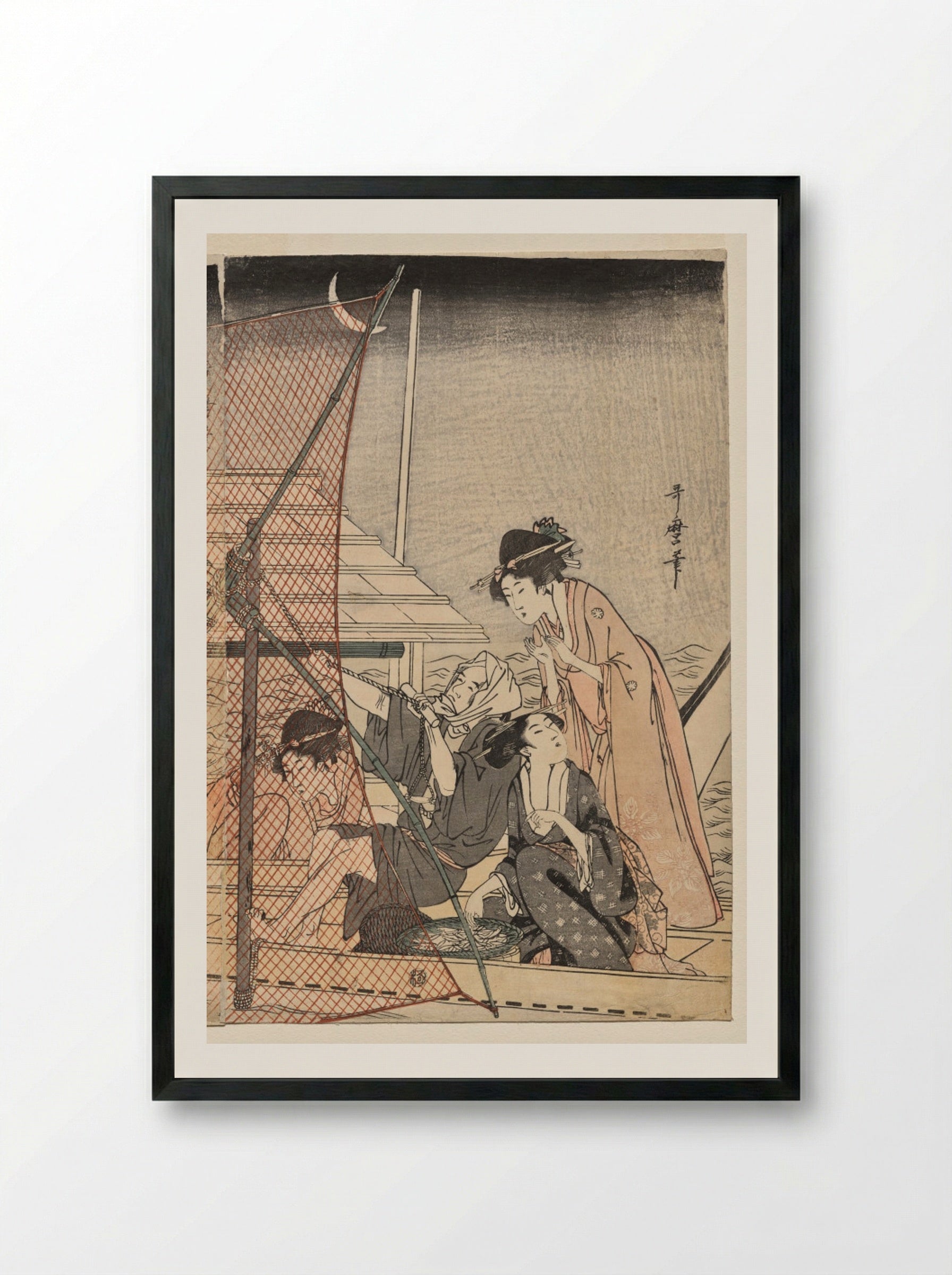 Net Fishing at Night - Kitagawa Utamaro - Framed Print Black
