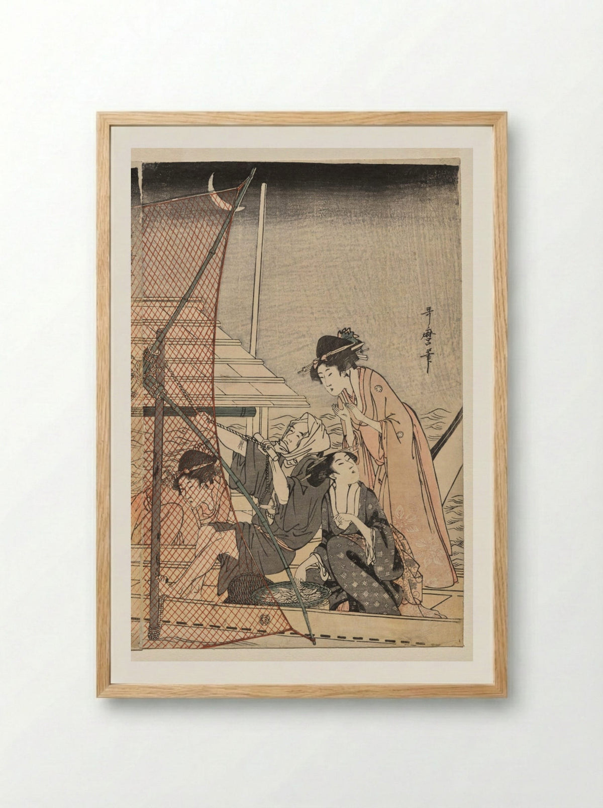 Net Fishing at Night - Kitagawa Utamaro - Framed Print Wood