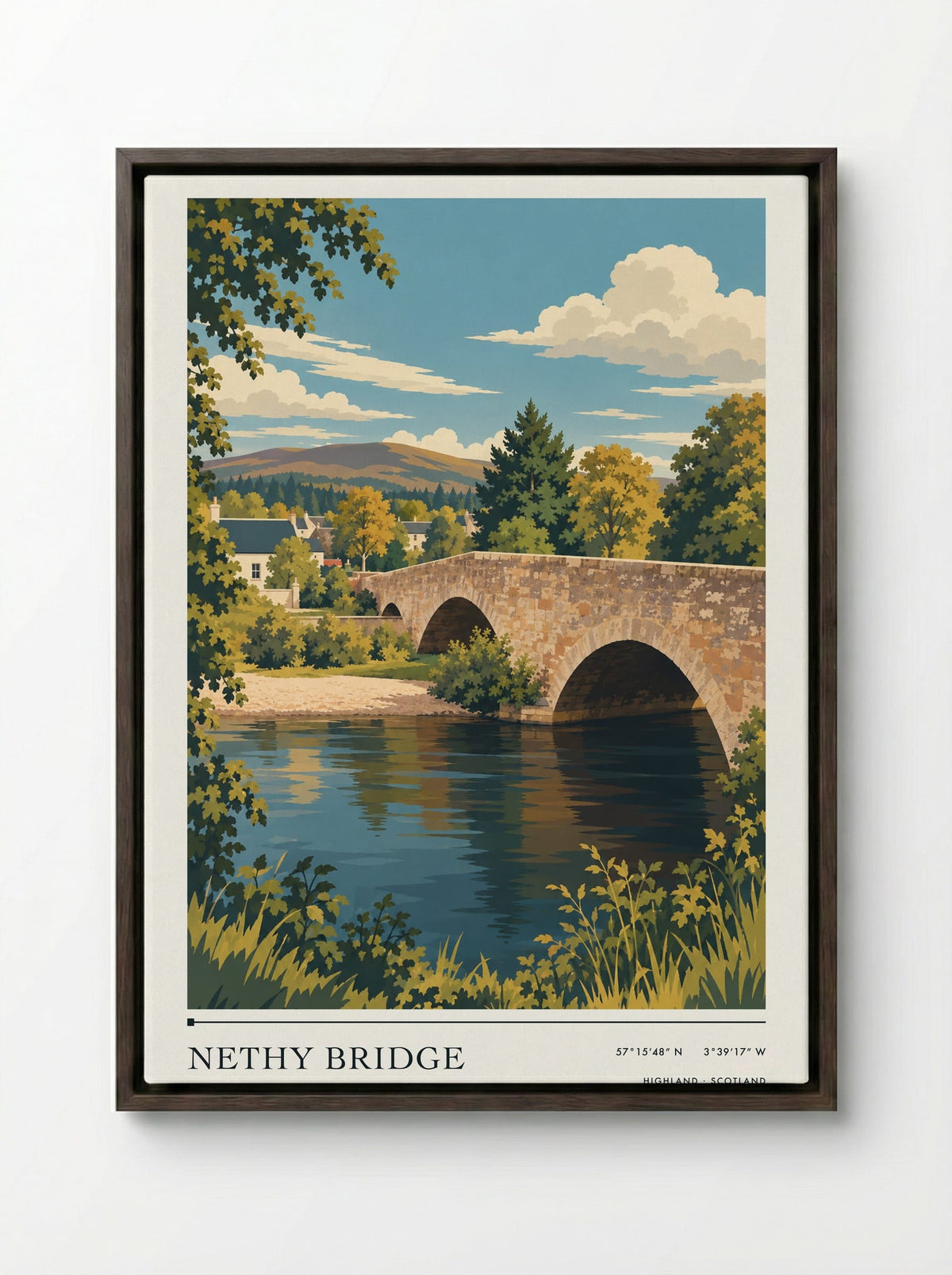 Nethy Bridge, Highland | Travel Poster - Framed Canvas Dark Wood