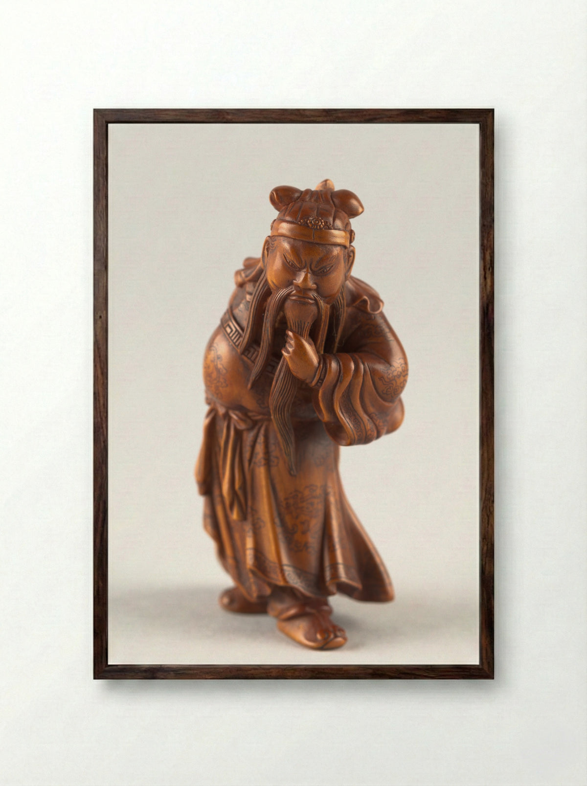 Netsuke (Carved Figure of Guan Yu) - Fine Art Print - Framed Print Dark Wood