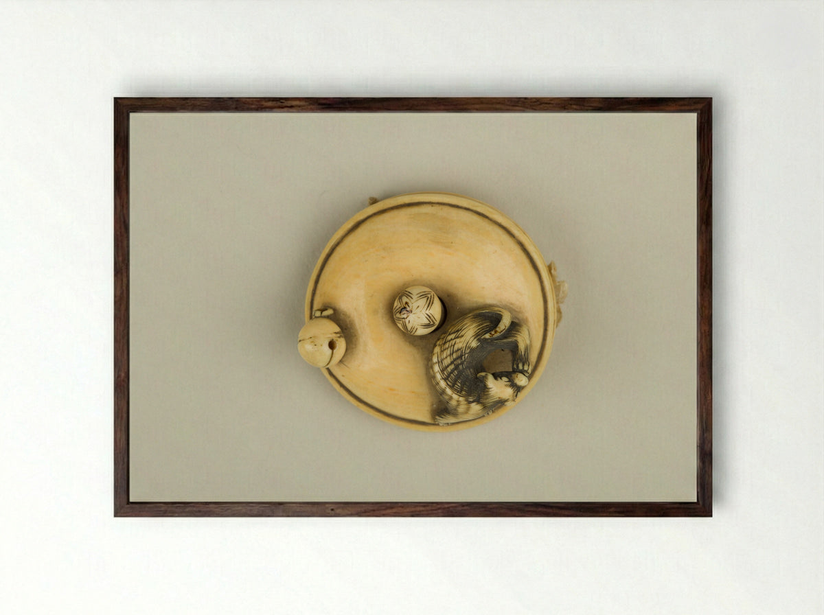 Netsuke (Carved Ivory Toggle) - Fine Art Print - Framed Print Dark Wood