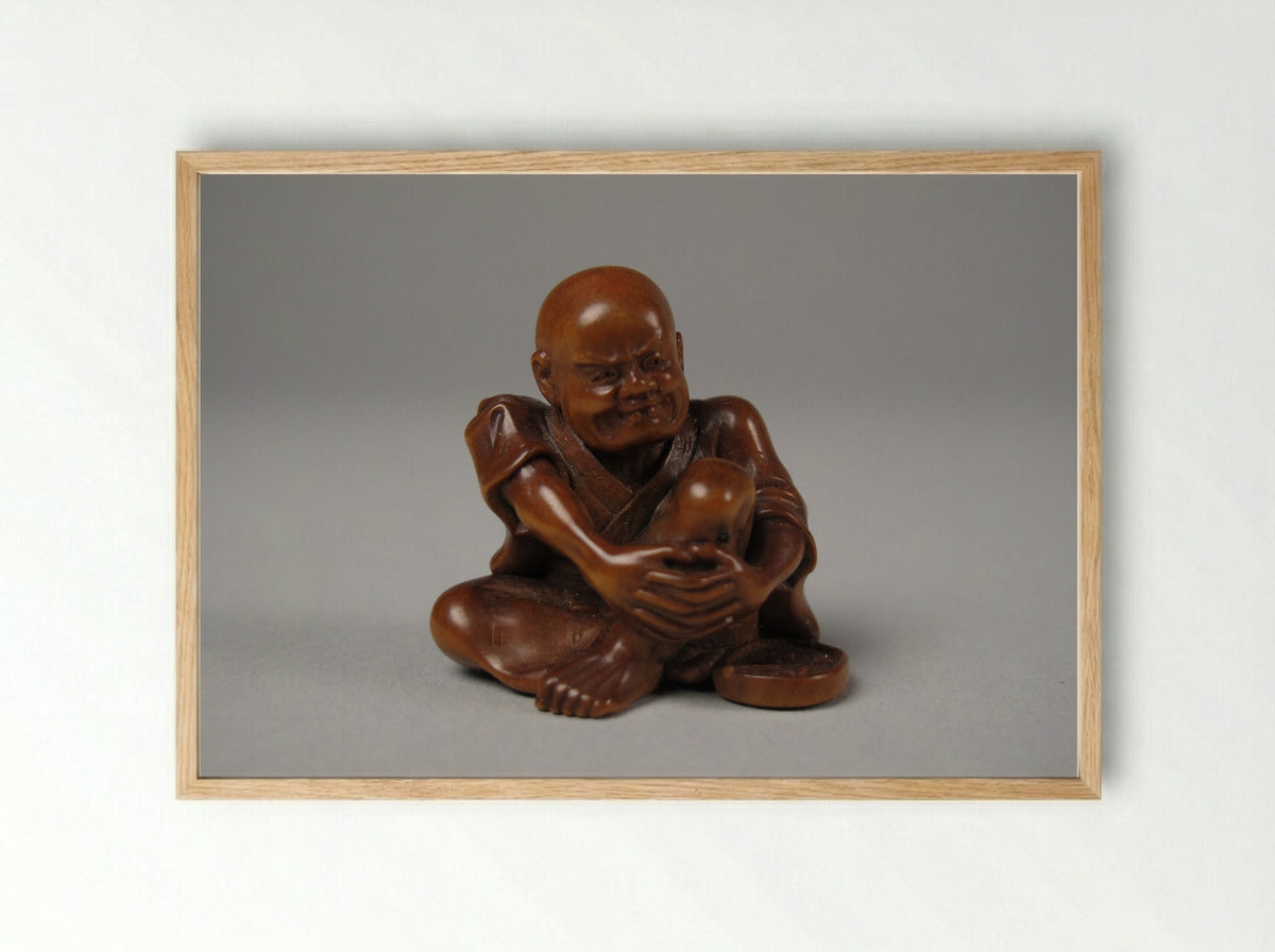 Netsuke (Seated Figure with Bowl) - Fine Art Print - Framed Print Wood