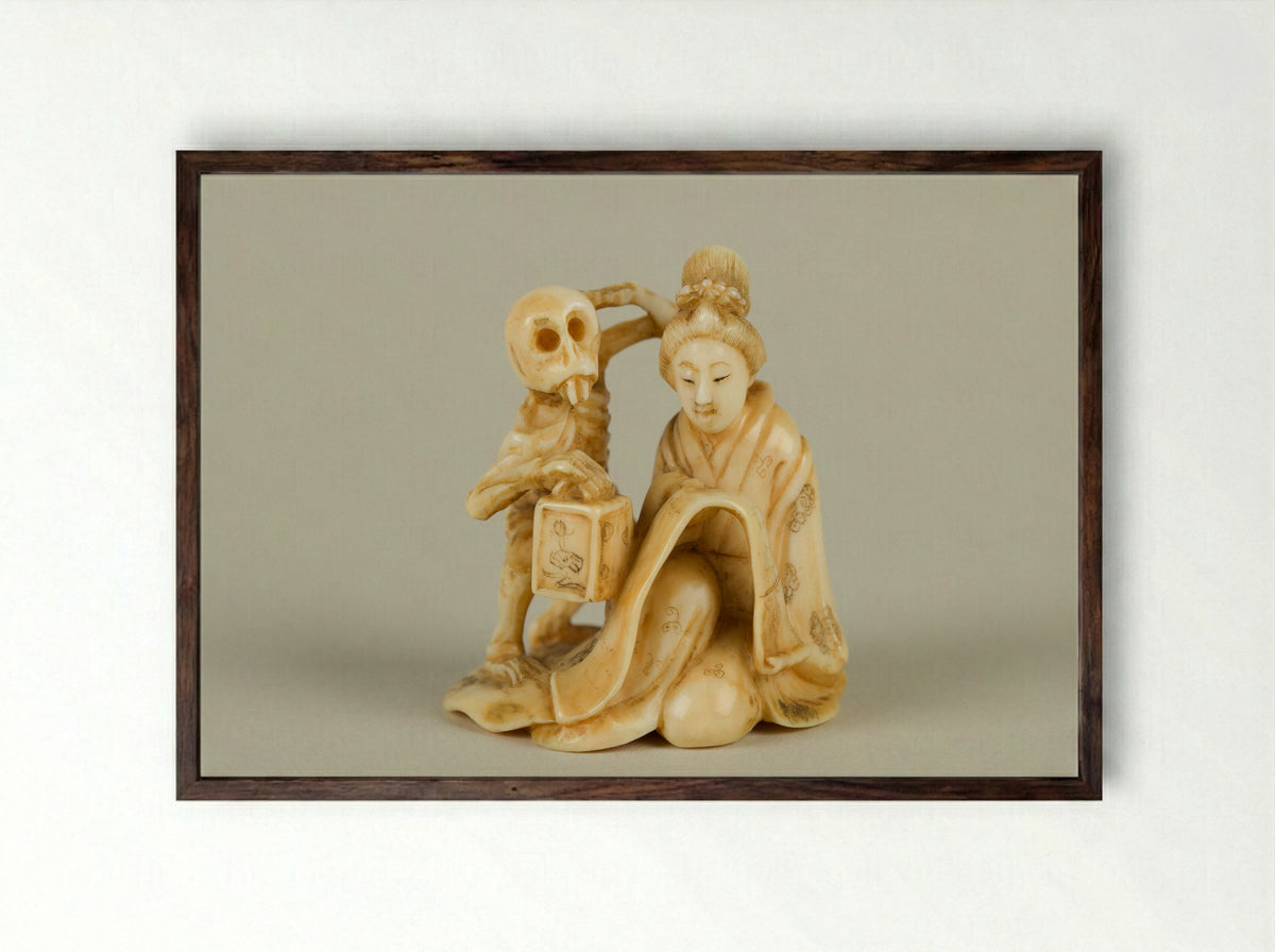 Netsuke (Woman and Skeleton) - Fine Art Print - Framed Print Dark Wood